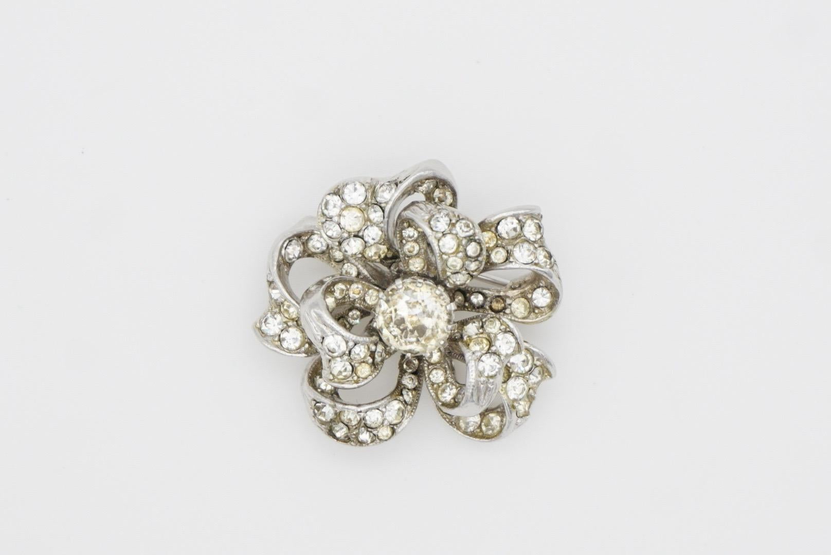 Christian Dior by Mitchel Maer 1950s Crystals Double Layer Flower Silver Brooch For Sale 3