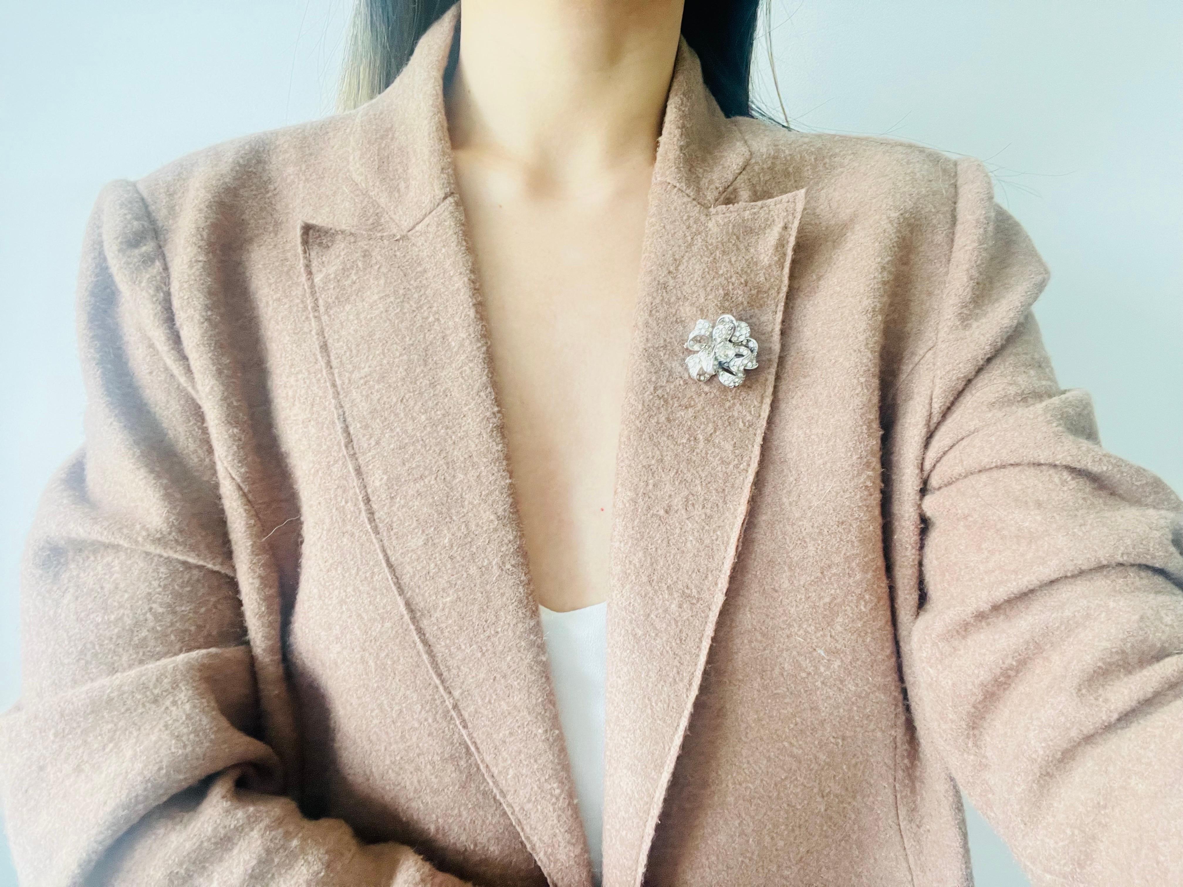 Christian Dior by Mitchel Maer 1950s Crystals Double Layer Flower Silver Brooch 3