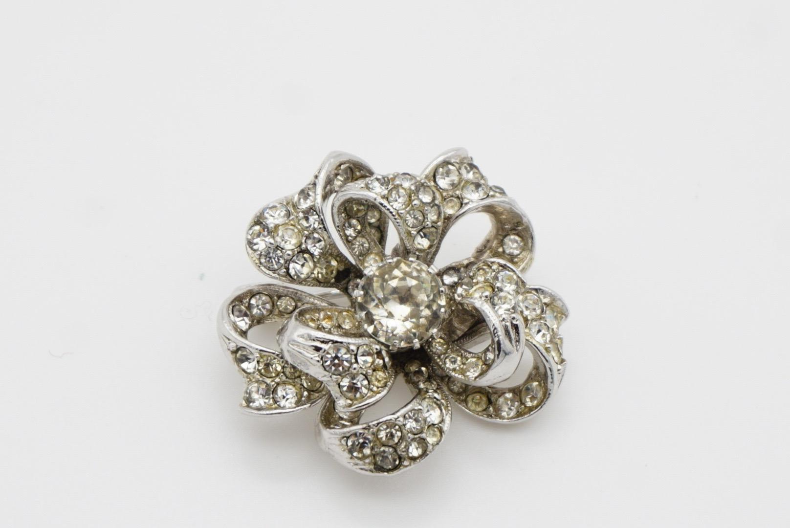 Christian Dior by Mitchel Maer 1950s Crystals Double Layer Flower Silver Brooch For Sale 4