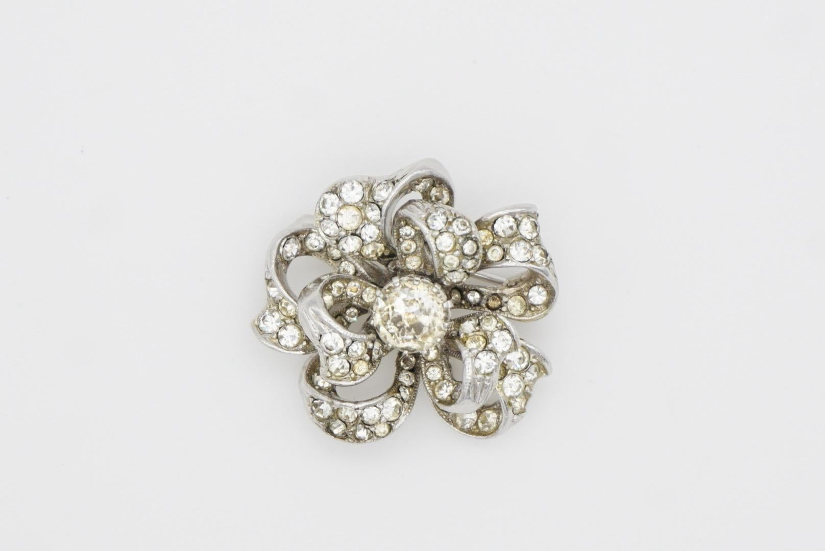 Christian Dior by Mitchel Maer 1950s Crystals Double Layer Flower Silver Brooch 4