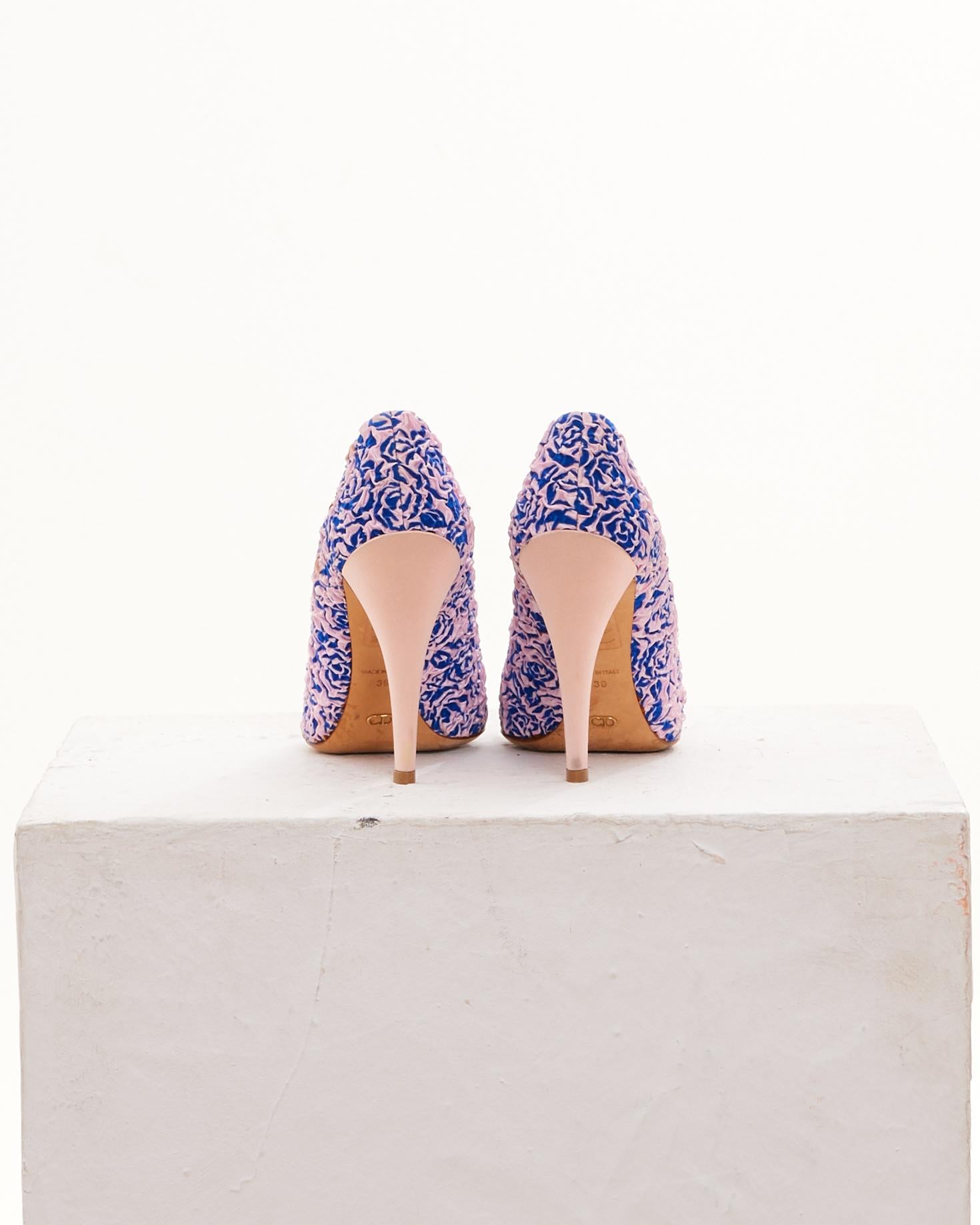 Brown Christian Dior by Raf Simons Pink and Blue Floreal Pump in vendita