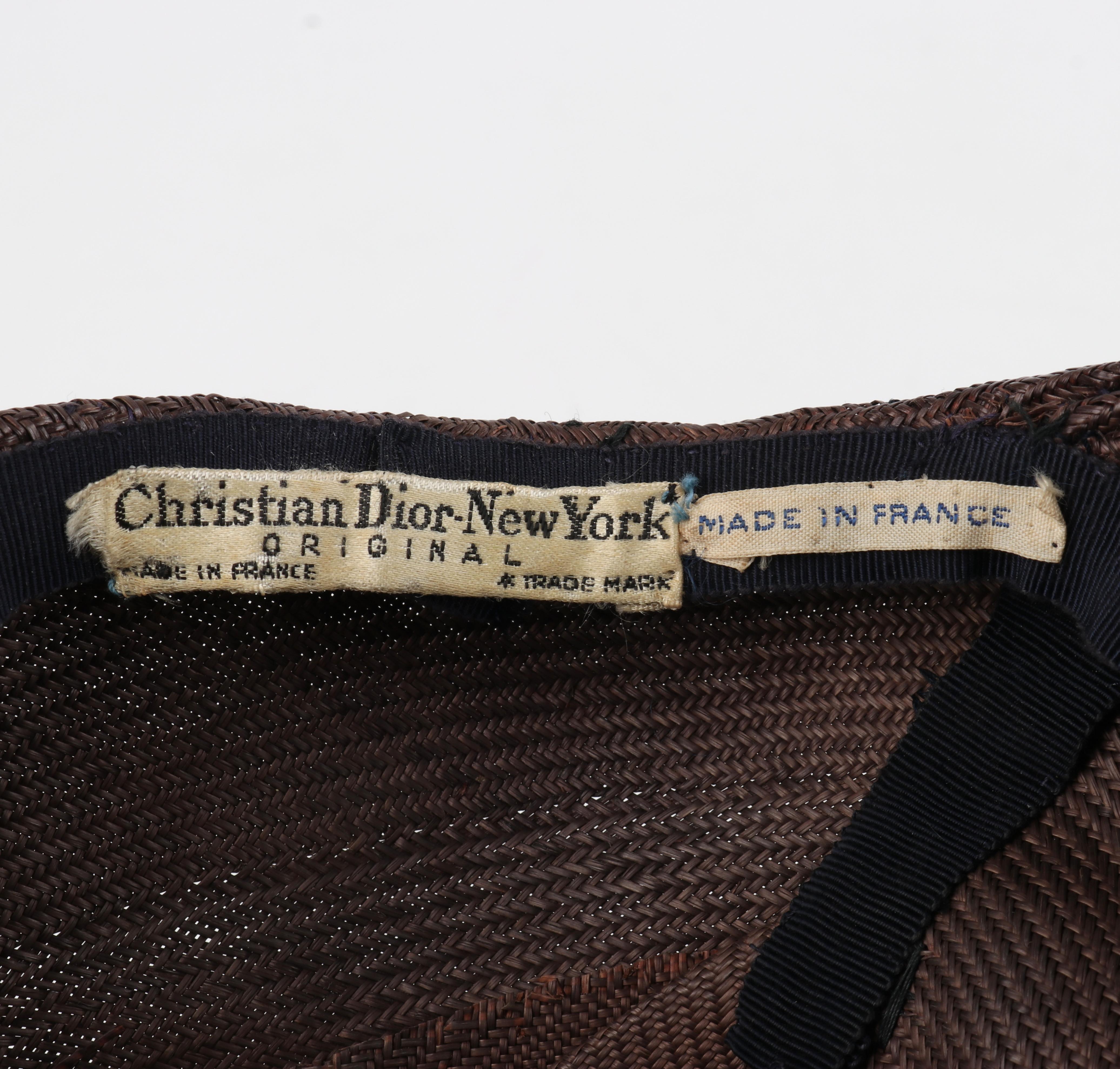 CHRISTIAN DIOR c.1950s Brown Woven Straw Sweeping Knife Pleat Crown Cap Hat 5