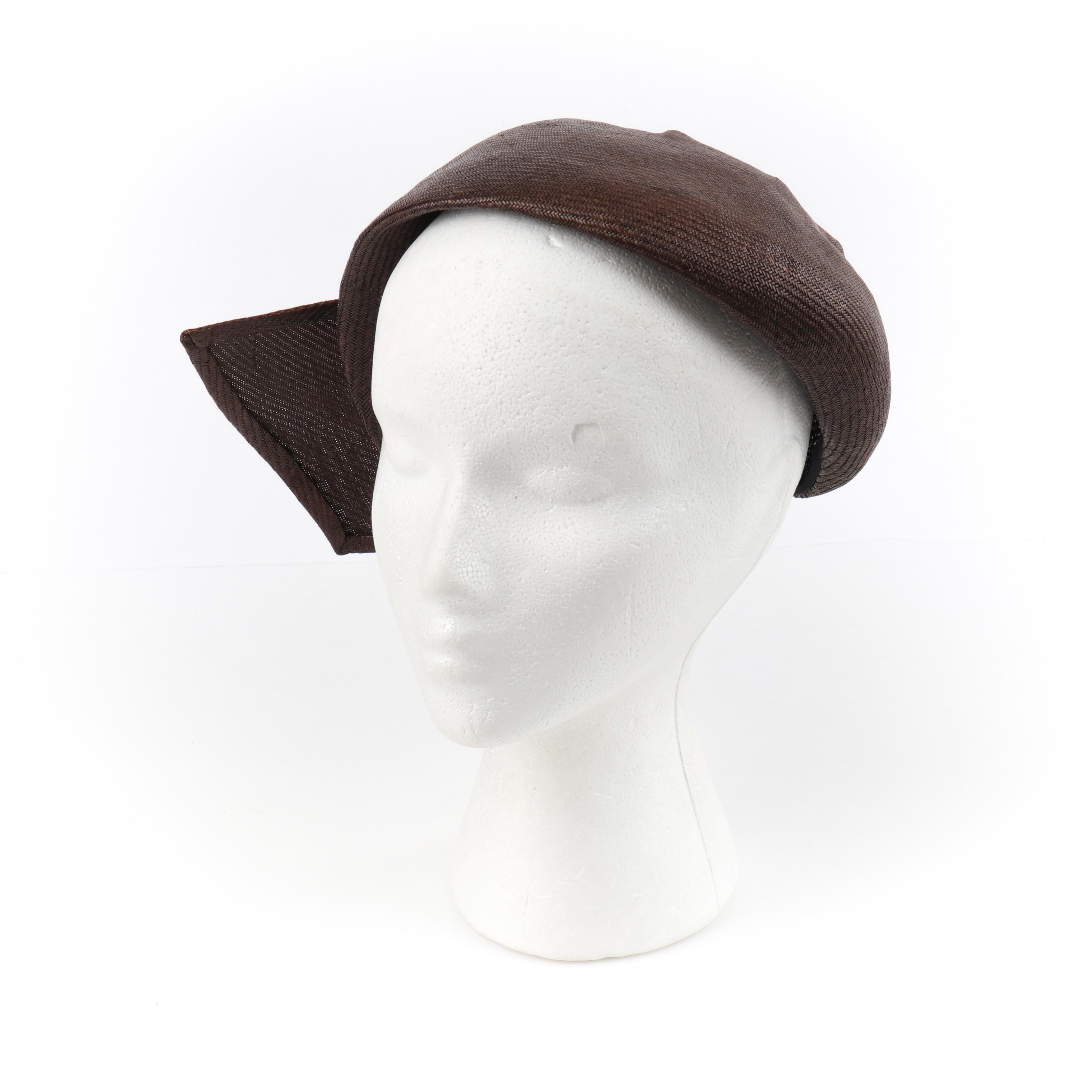 Gray CHRISTIAN DIOR c.1950s Brown Woven Straw Sweeping Knife Pleat Crown Cap Hat