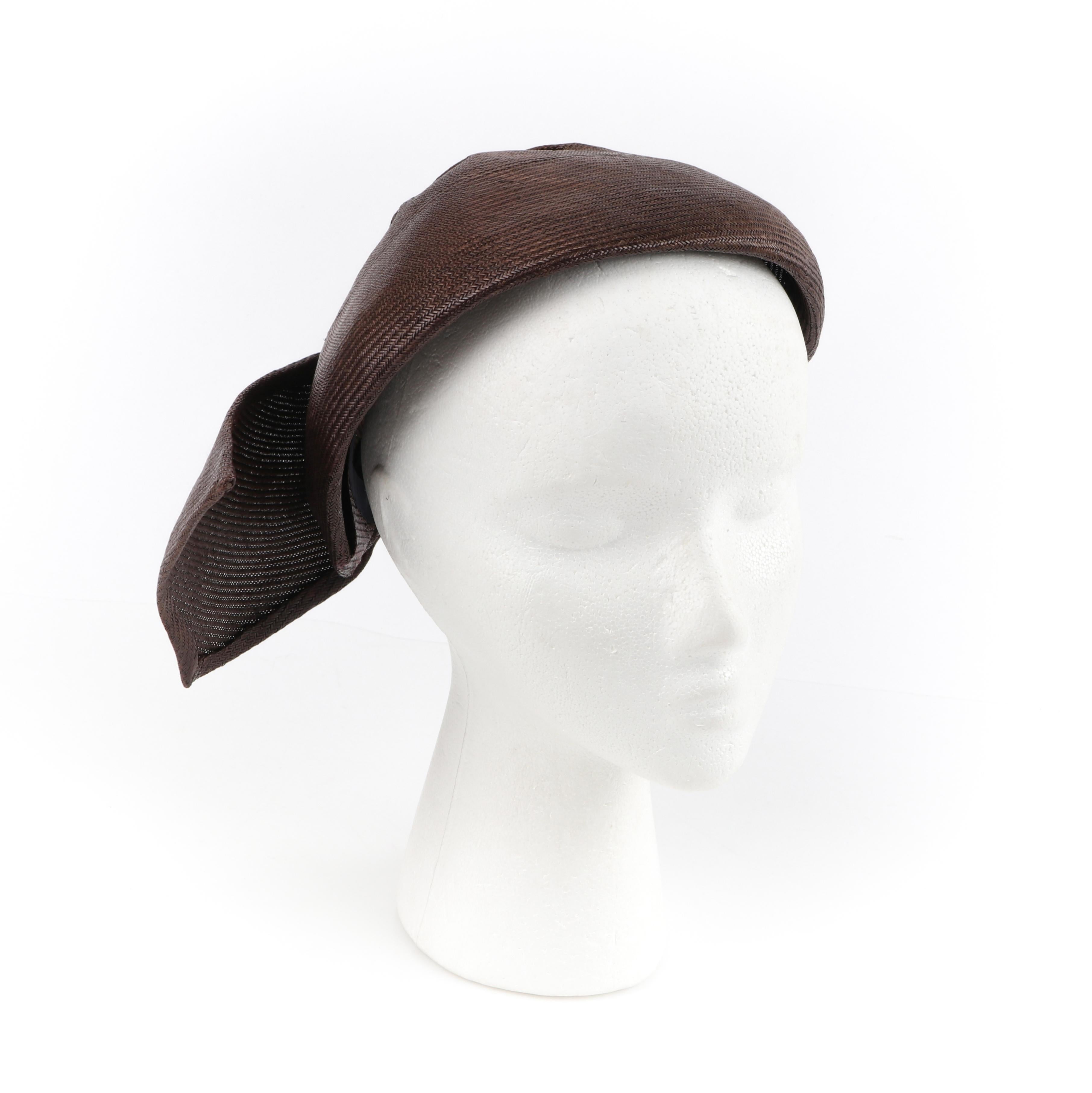 Women's CHRISTIAN DIOR c.1950s Brown Woven Straw Sweeping Knife Pleat Crown Cap Hat