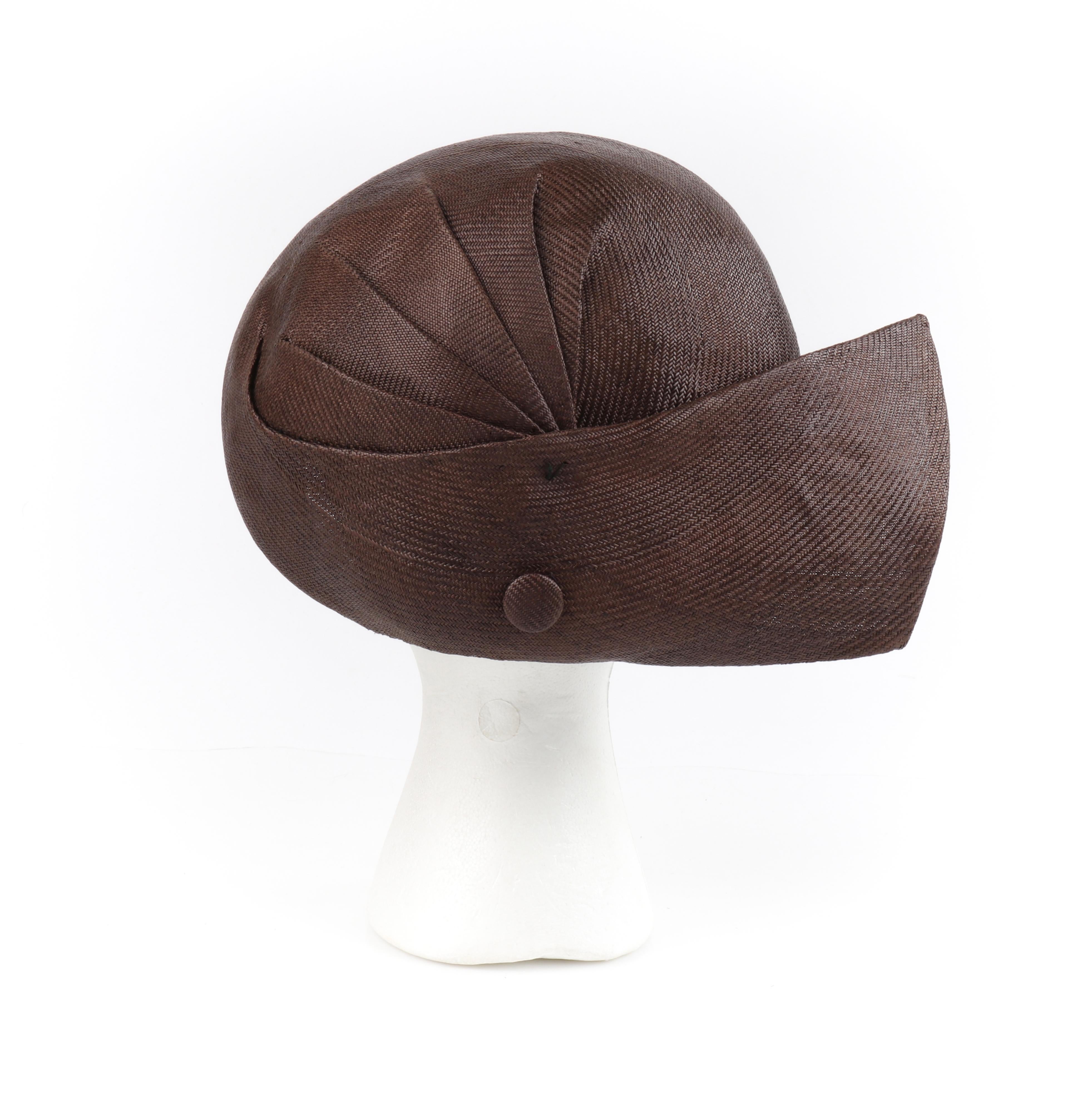 CHRISTIAN DIOR c.1950s Brown Woven Straw Sweeping Knife Pleat Crown Cap Hat 2
