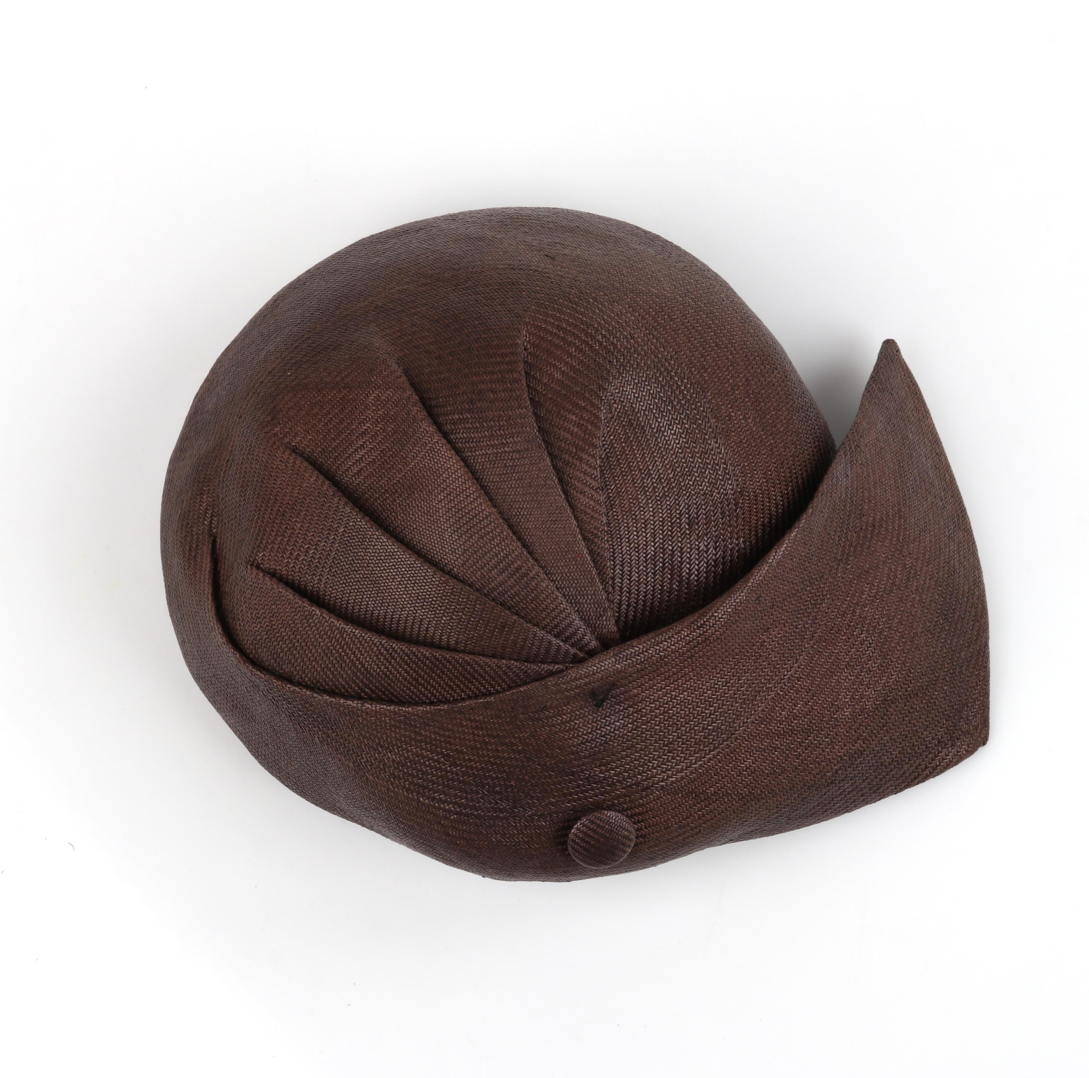 CHRISTIAN DIOR c.1950s Brown Woven Straw Sweeping Knife Pleat Crown Cap Hat 3