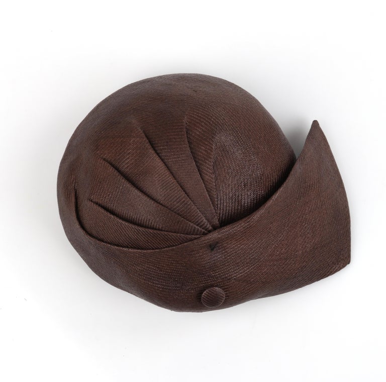 CHRISTIAN DIOR c.1950s Brown Woven Straw Sweeping Knife Pleat Crown Cap ...