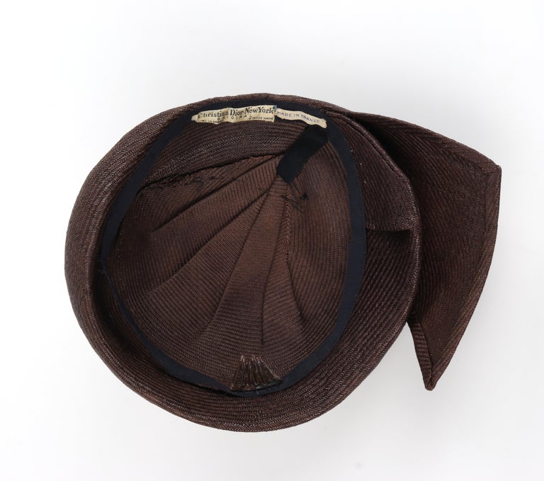 CHRISTIAN DIOR c.1950s Brown Woven Straw Sweeping Knife Pleat Crown Cap ...