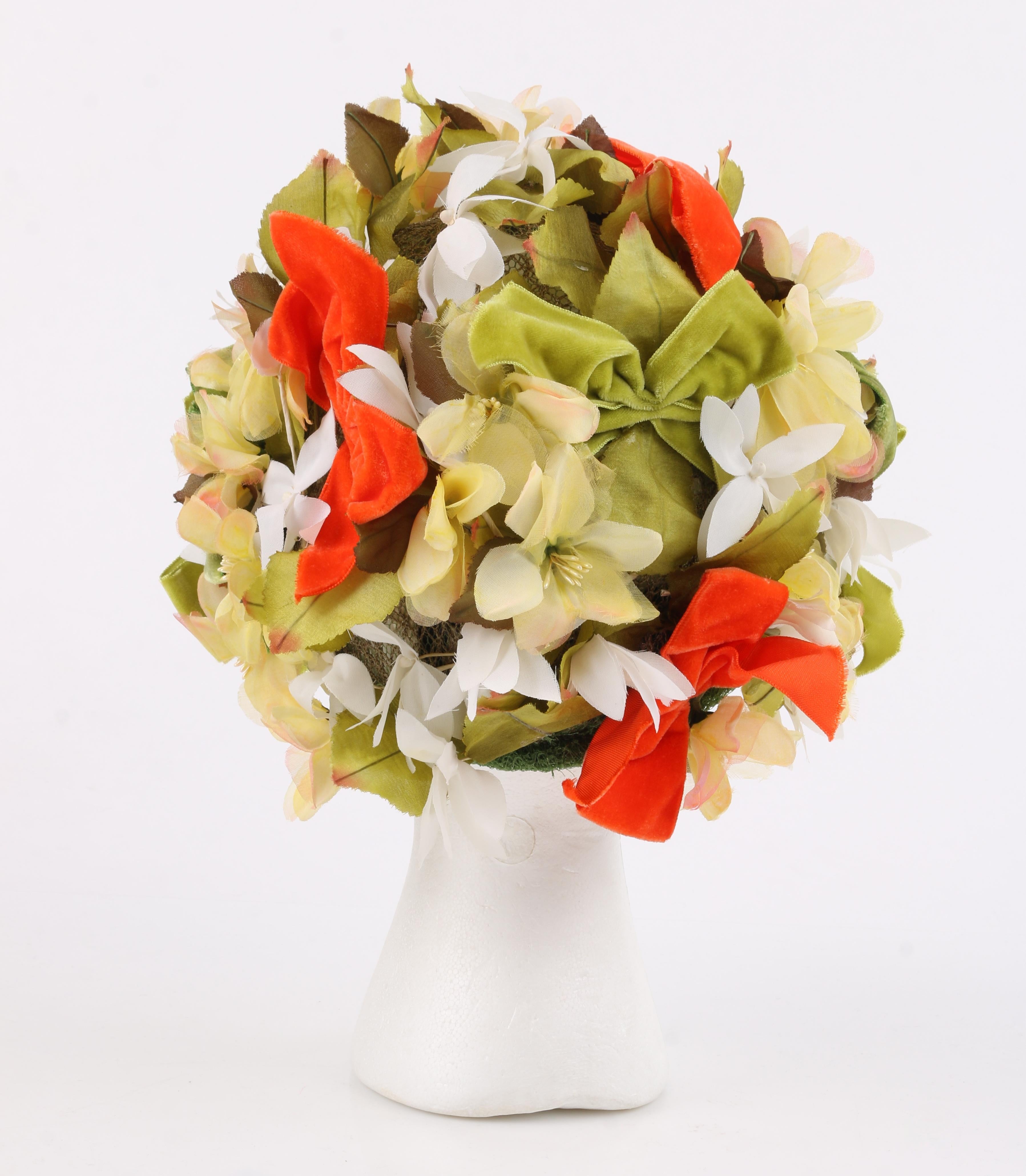 Beige CHRISTIAN DIOR c.1960's Floral Garden Velvet Bow Flower Pot Cloche Hat