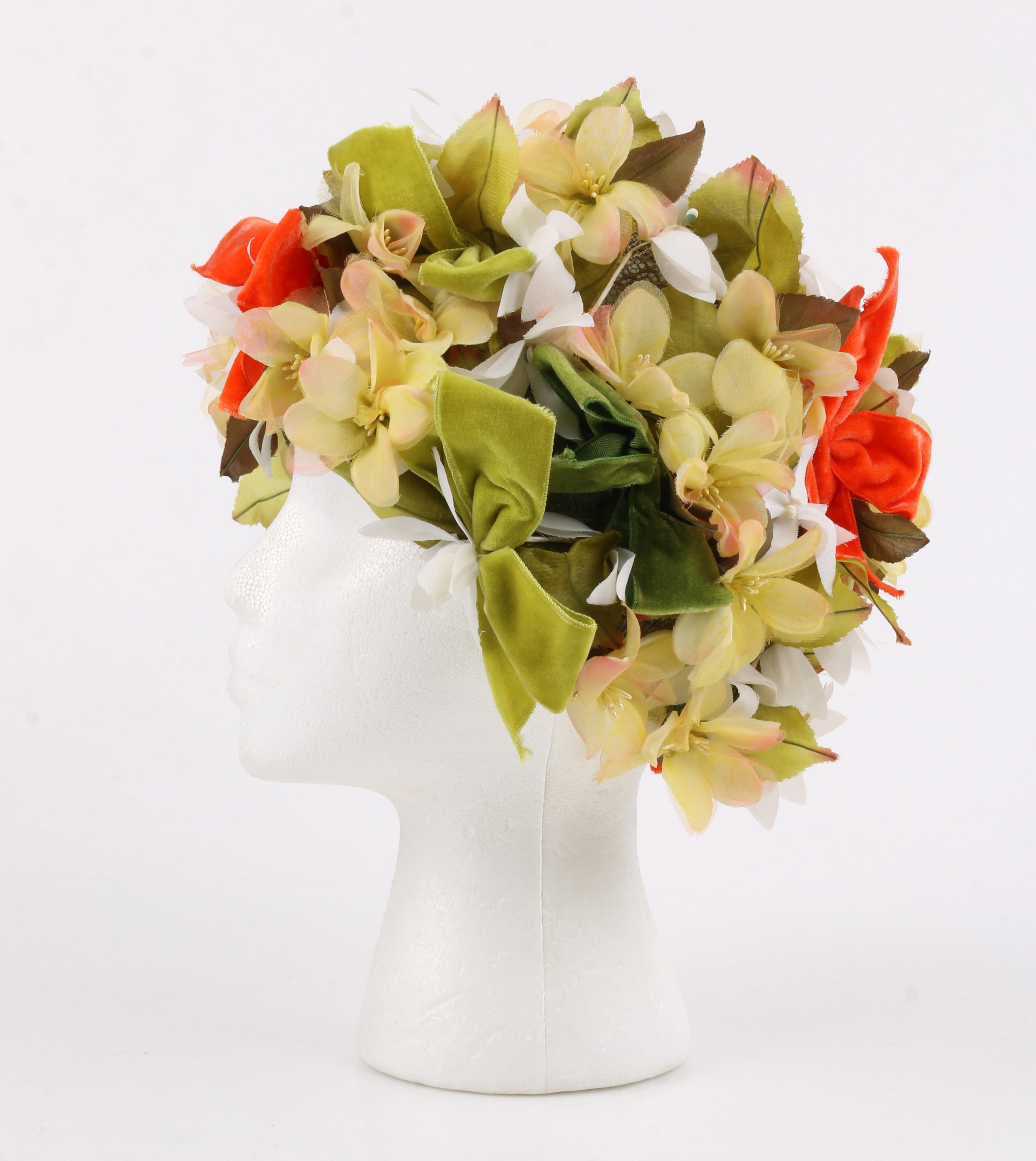 CHRISTIAN DIOR c.1960's Floral Garden Velvet Bow Flower Pot Cloche Hat In Good Condition In Thiensville, WI