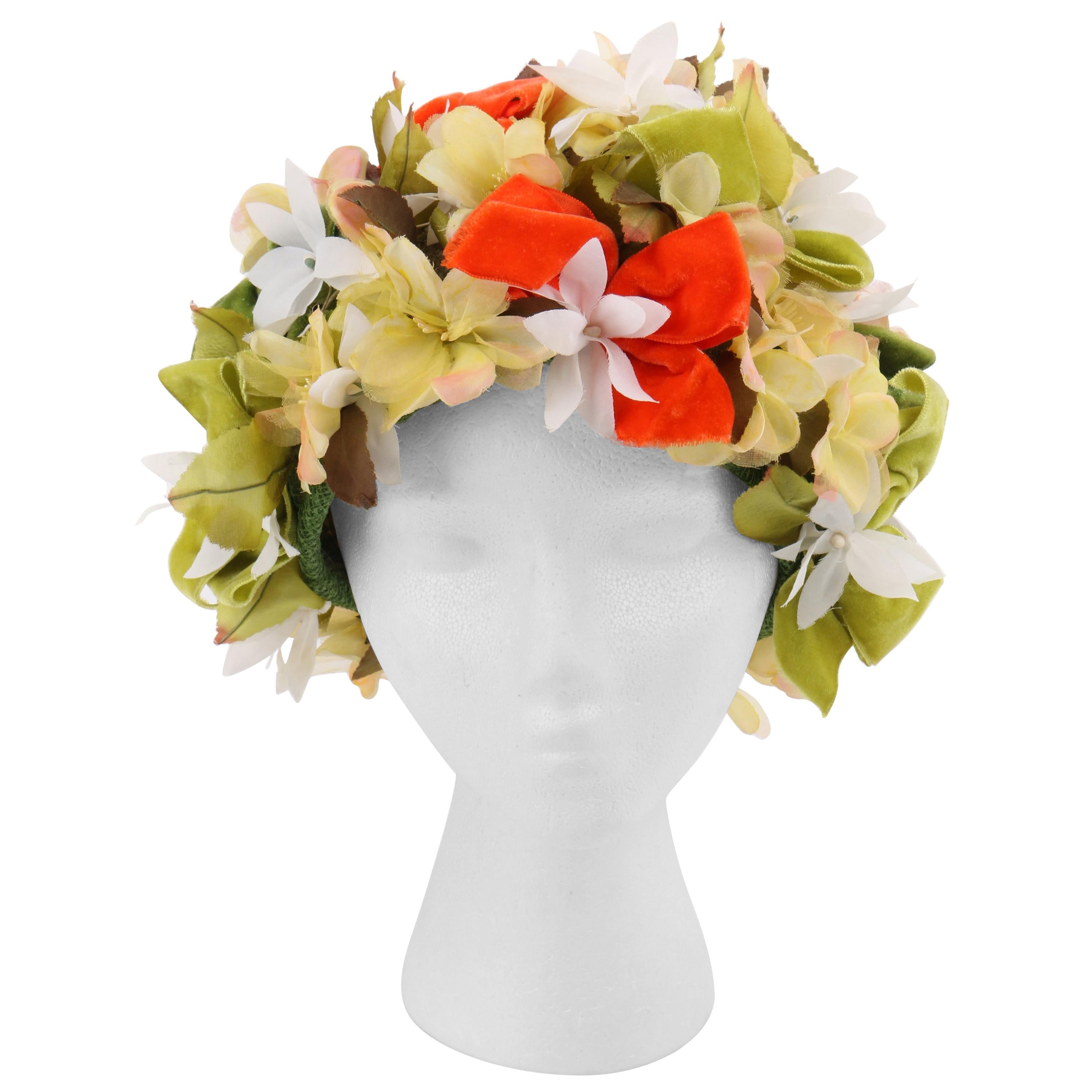 CHRISTIAN DIOR c.1960's Floral Garden Velvet Bow Flower Pot Cloche Hat
