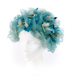 CHRISTIAN DIOR c.1960s Floral Silk Velvet Ribbon Ruffle Flower Pot Cloche Hat