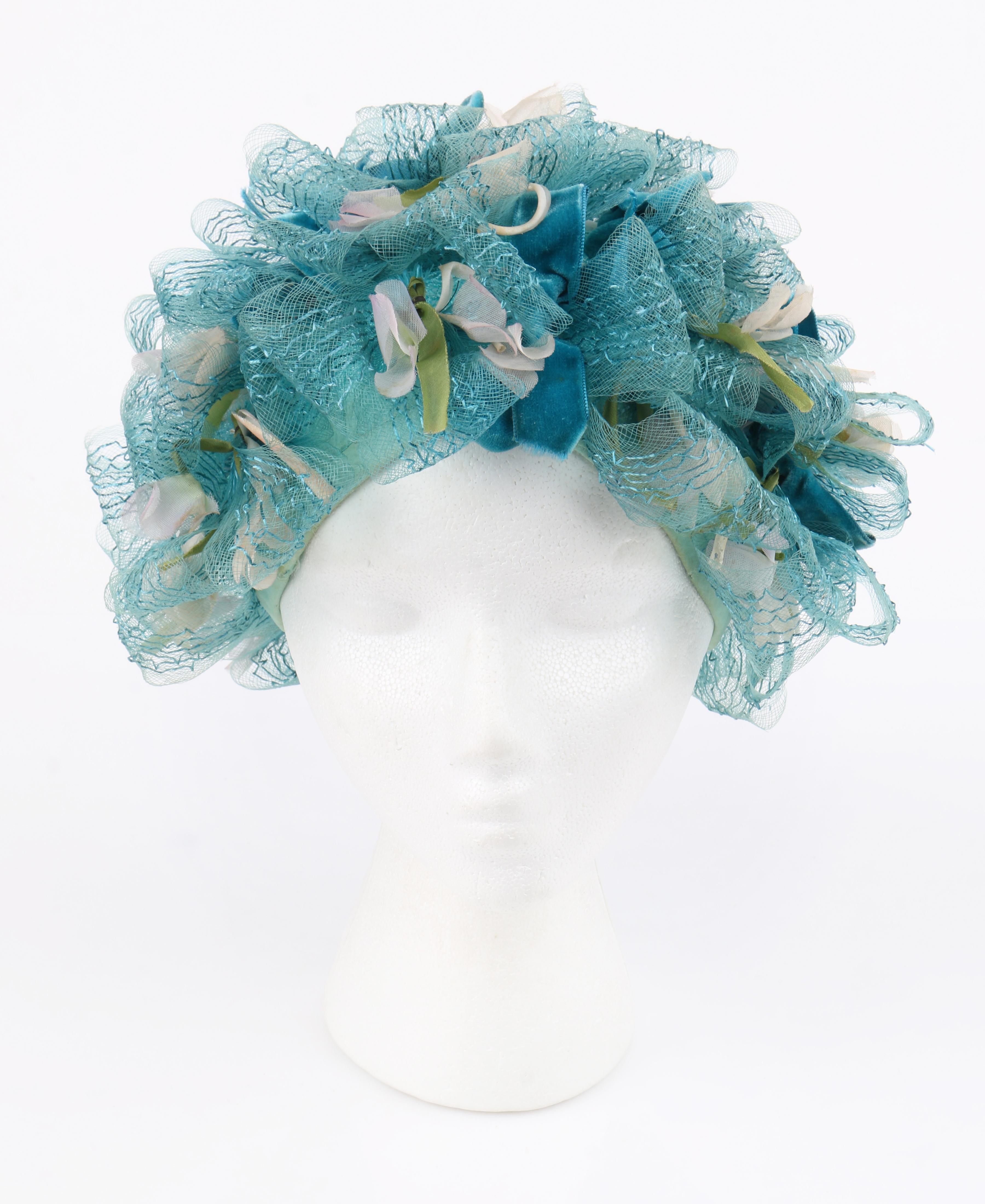 Blue CHRISTIAN DIOR c.1960s Floral Silk Velvet Ribbon Ruffle Flower Pot Cloche Hat