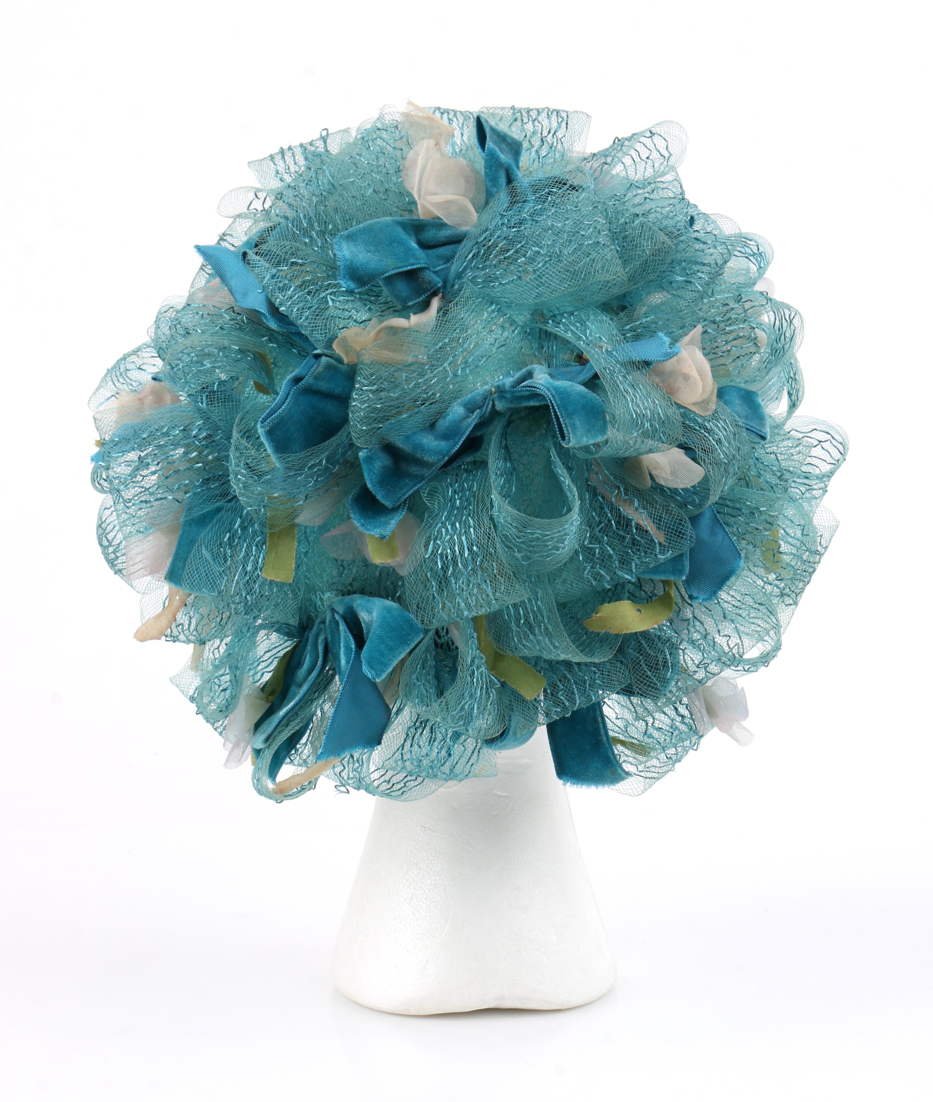 Women's CHRISTIAN DIOR c.1960s Floral Silk Velvet Ribbon Ruffle Flower Pot Cloche Hat