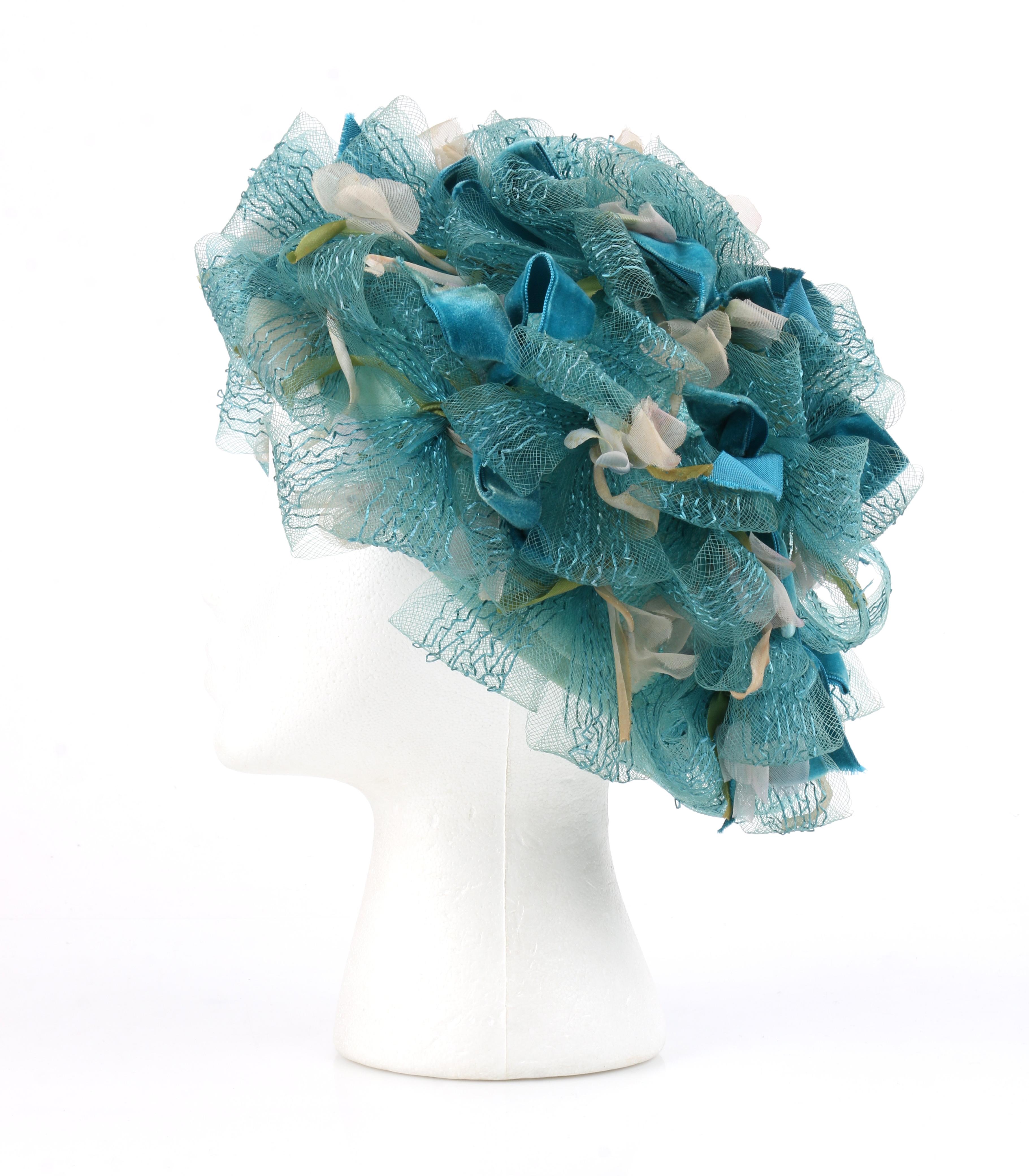 CHRISTIAN DIOR c.1960s Floral Silk Velvet Ribbon Ruffle Flower Pot Cloche Hat 1