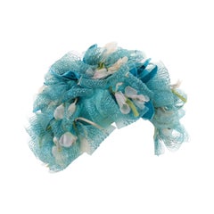 CHRISTIAN DIOR c.1960s Floral Silk Velvet Ribbon Ruffle Flower Pot Cloche Hat