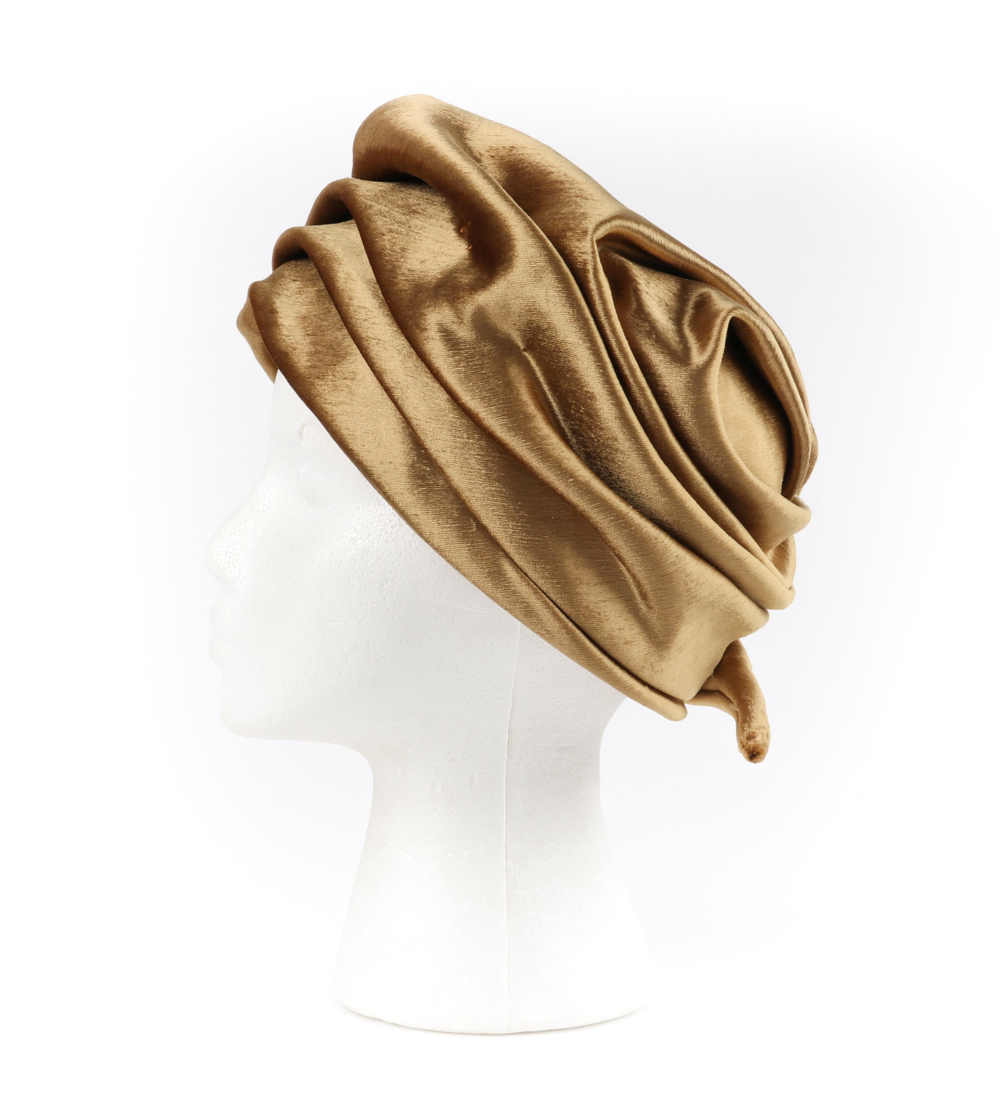 CHRISTIAN DIOR c.1960s Gold Silk Velvet Tied Back Bow Turban Cloche Hat In Good Condition In Thiensville, WI