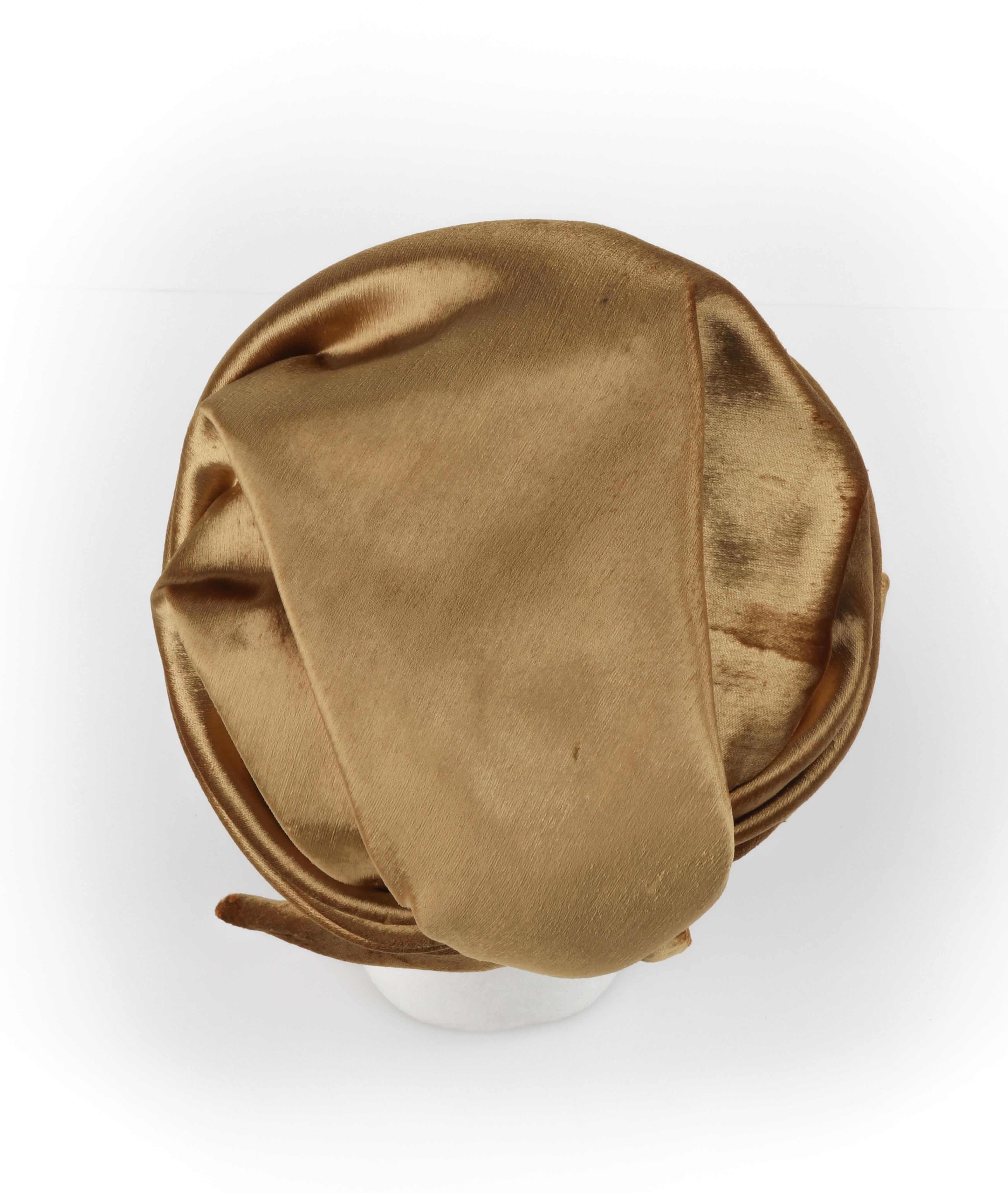 Women's CHRISTIAN DIOR c.1960s Gold Silk Velvet Tied Back Bow Turban Cloche Hat