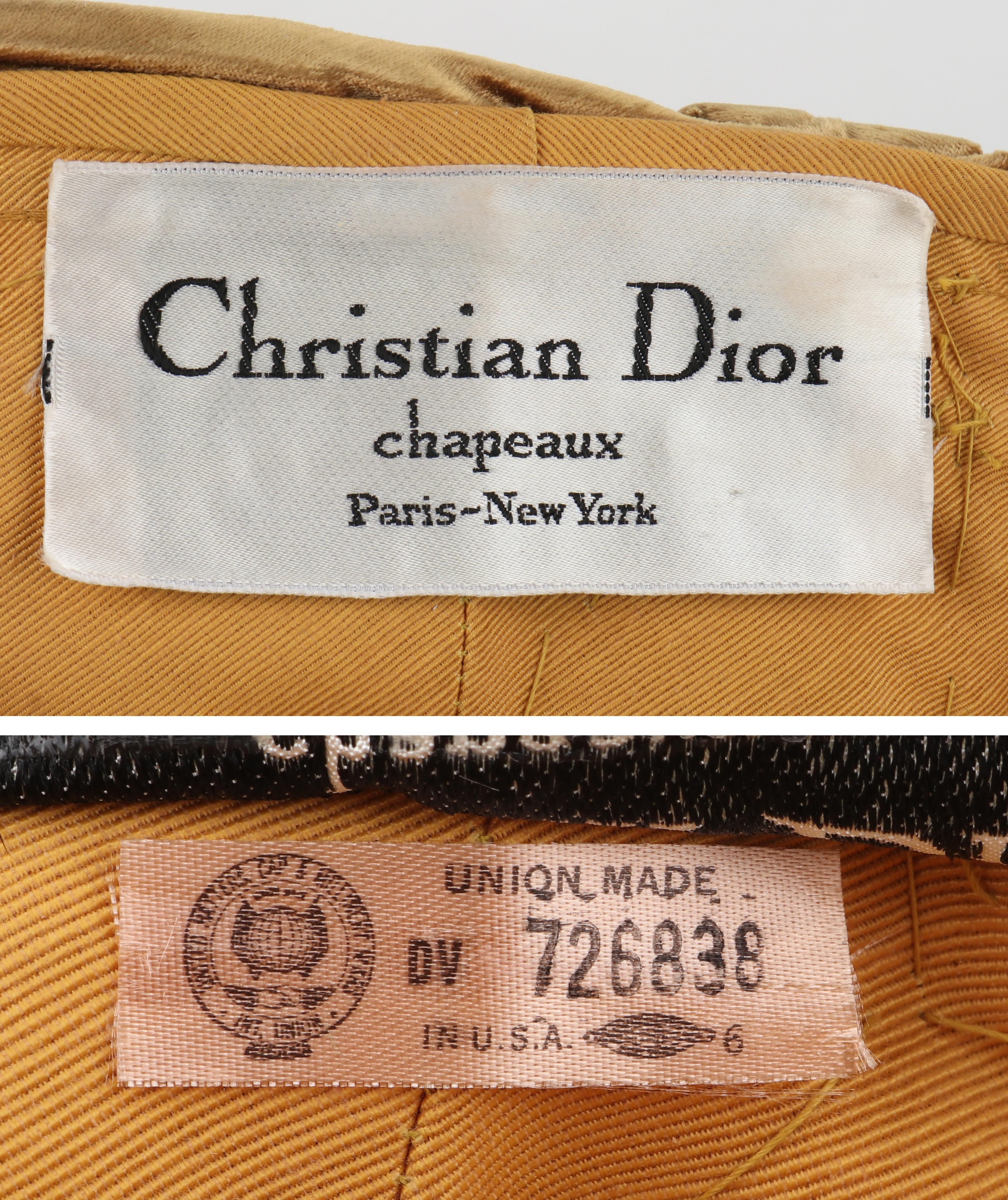 CHRISTIAN DIOR c.1960s Gold Silk Velvet Tied Back Bow Turban Cloche Hat 2