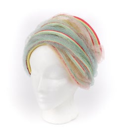 CHRISTIAN DIOR c.1960s Pastel Rainbow Woven Straw & Tulle Cloche Bucket Hat