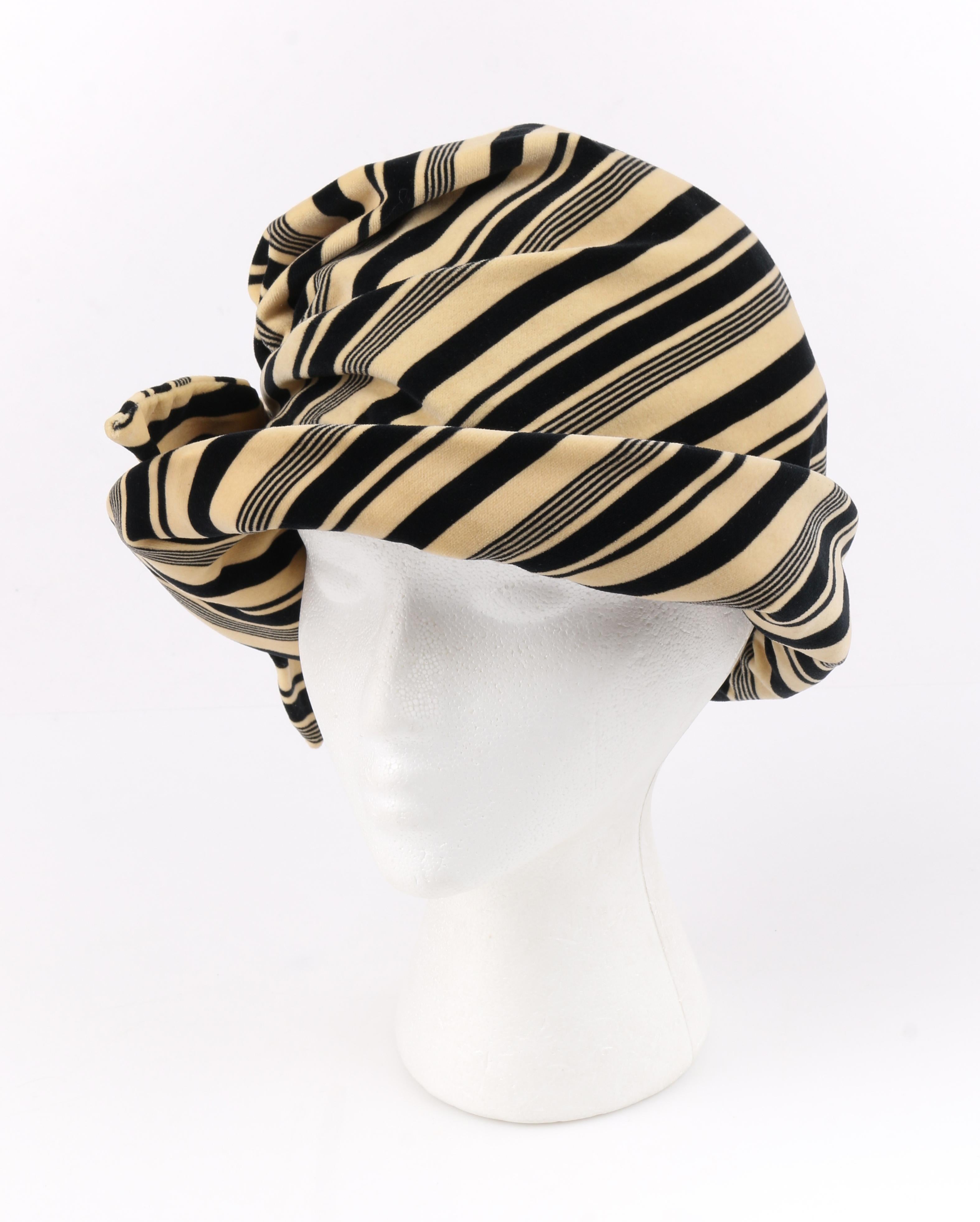Beige CHRISTIAN DIOR c.1960's Striped Silk Velvet Spiral Knot Bow Bucket Cloche Hat