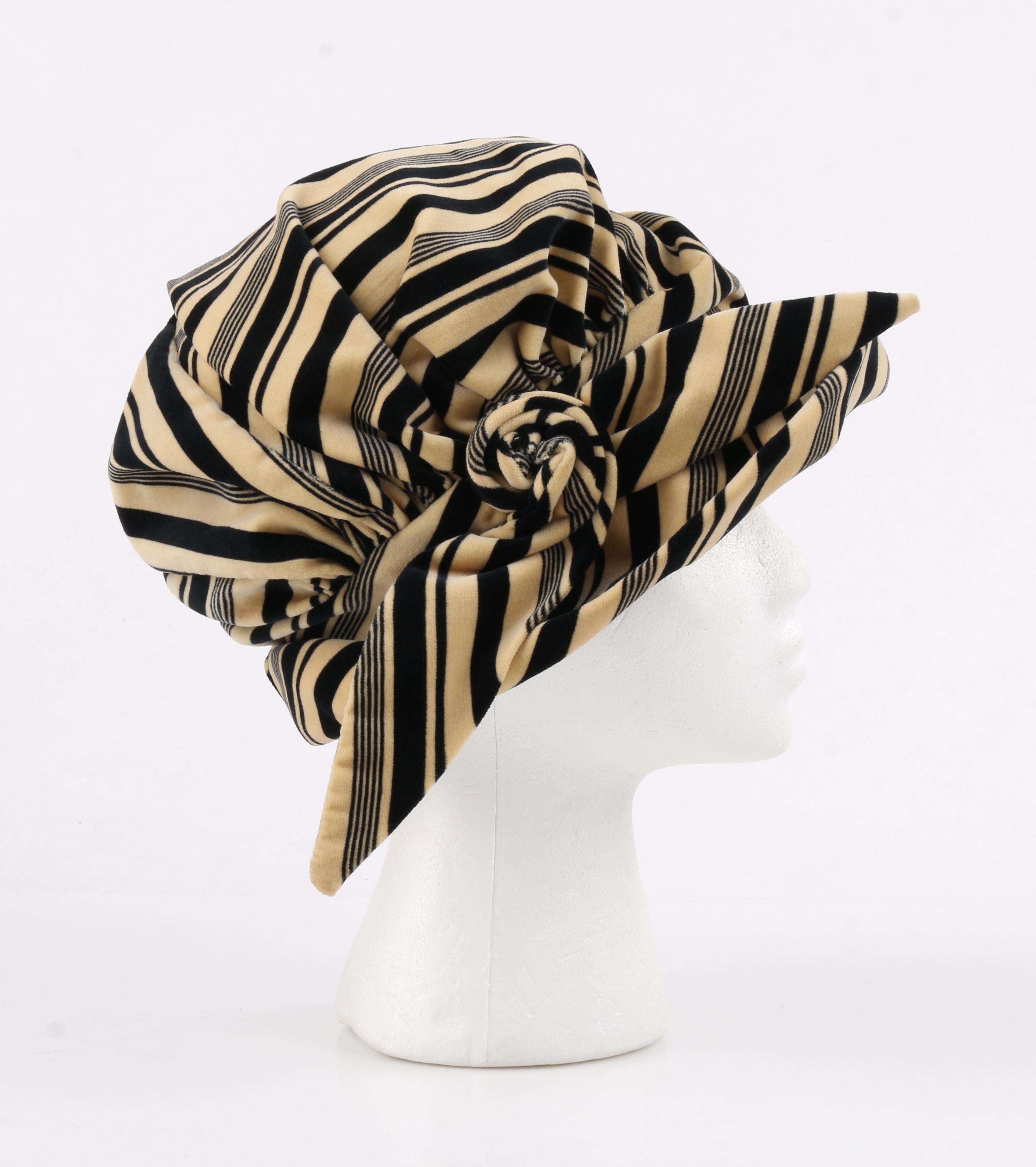 CHRISTIAN DIOR c.1960's Striped Silk Velvet Spiral Knot Bow Bucket Cloche Hat In Good Condition In Thiensville, WI