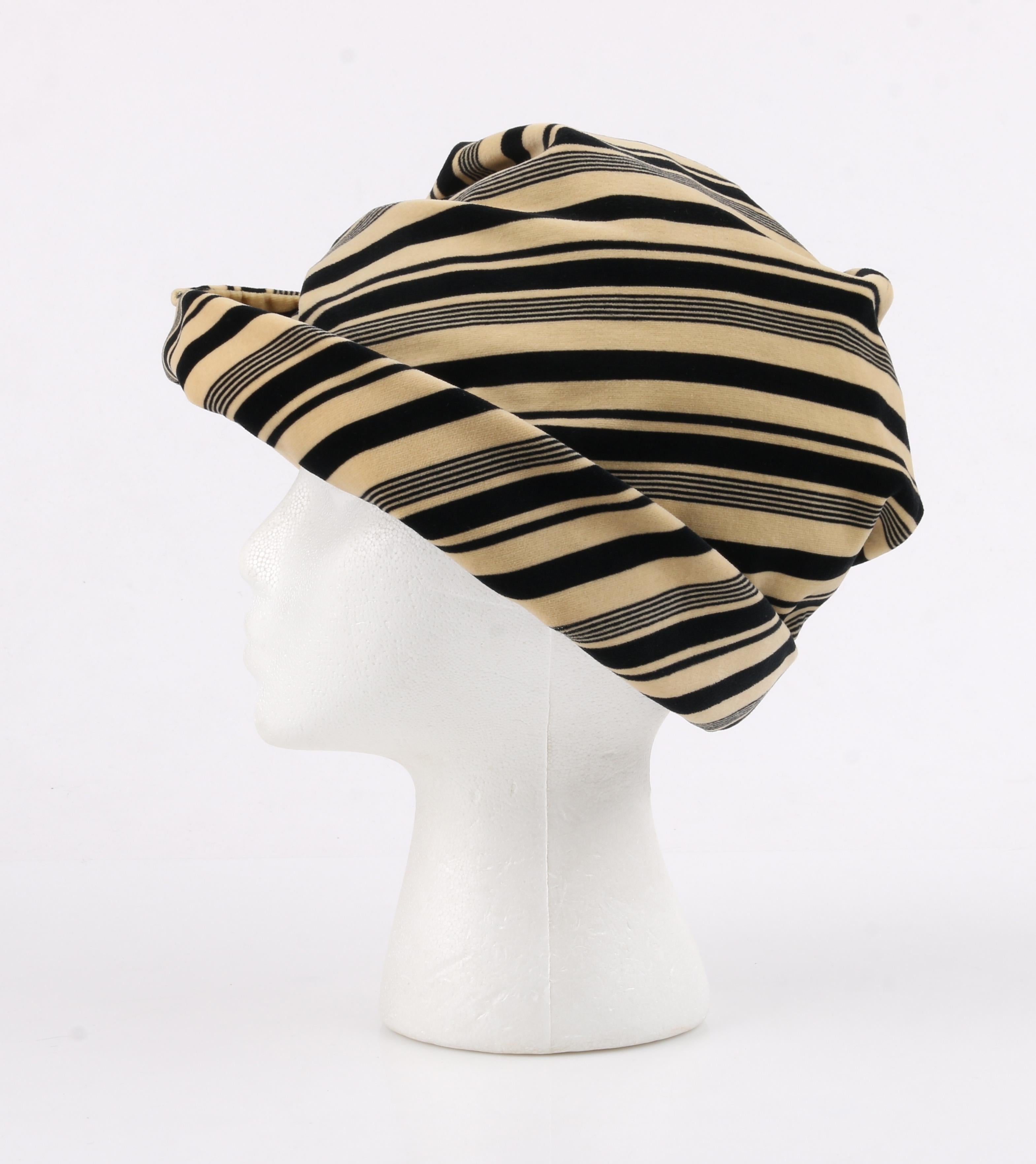 CHRISTIAN DIOR c.1960's Striped Silk Velvet Spiral Knot Bow Bucket Cloche Hat 1