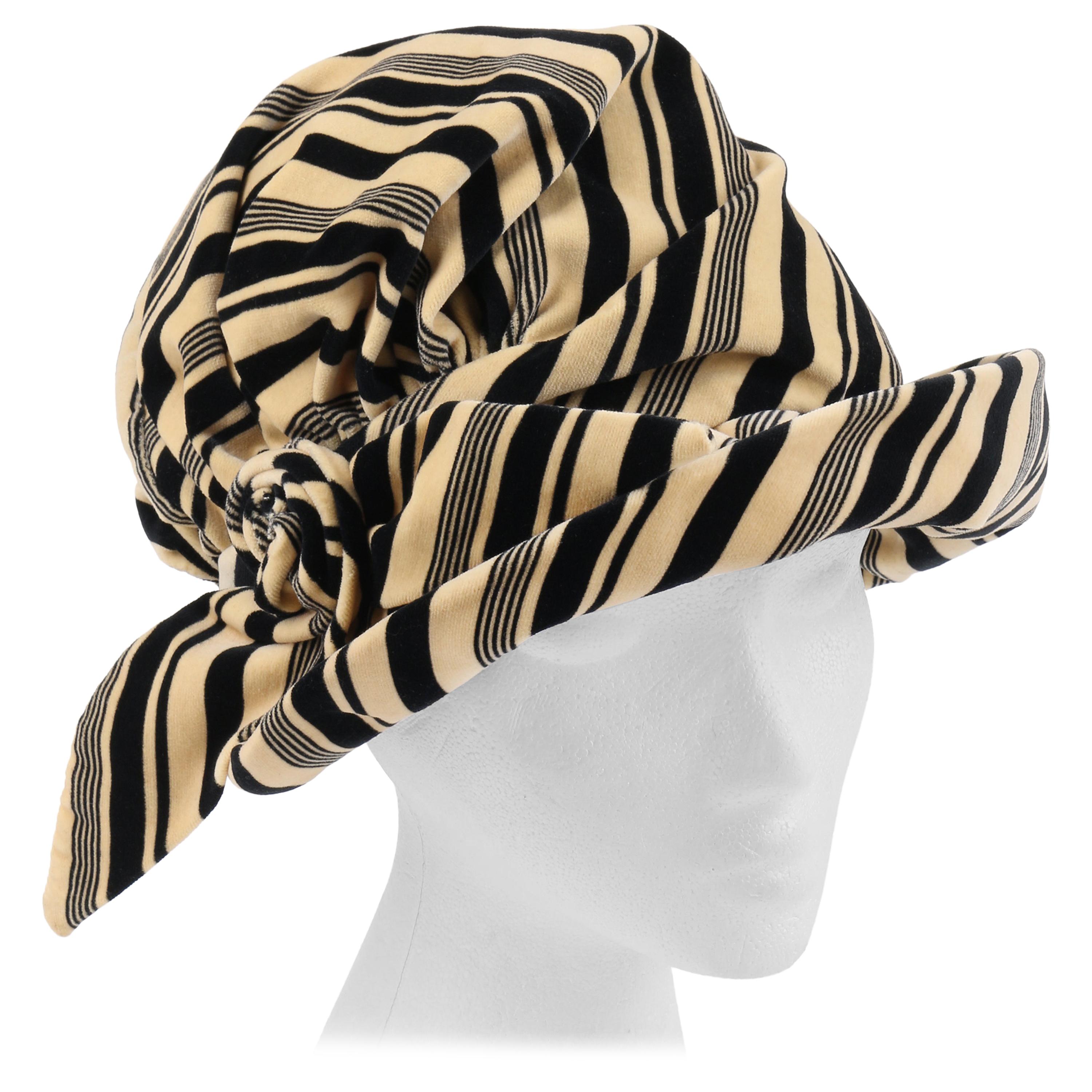 CHRISTIAN DIOR c.1960's Striped Silk Velvet Spiral Knot Bow Bucket Cloche Hat