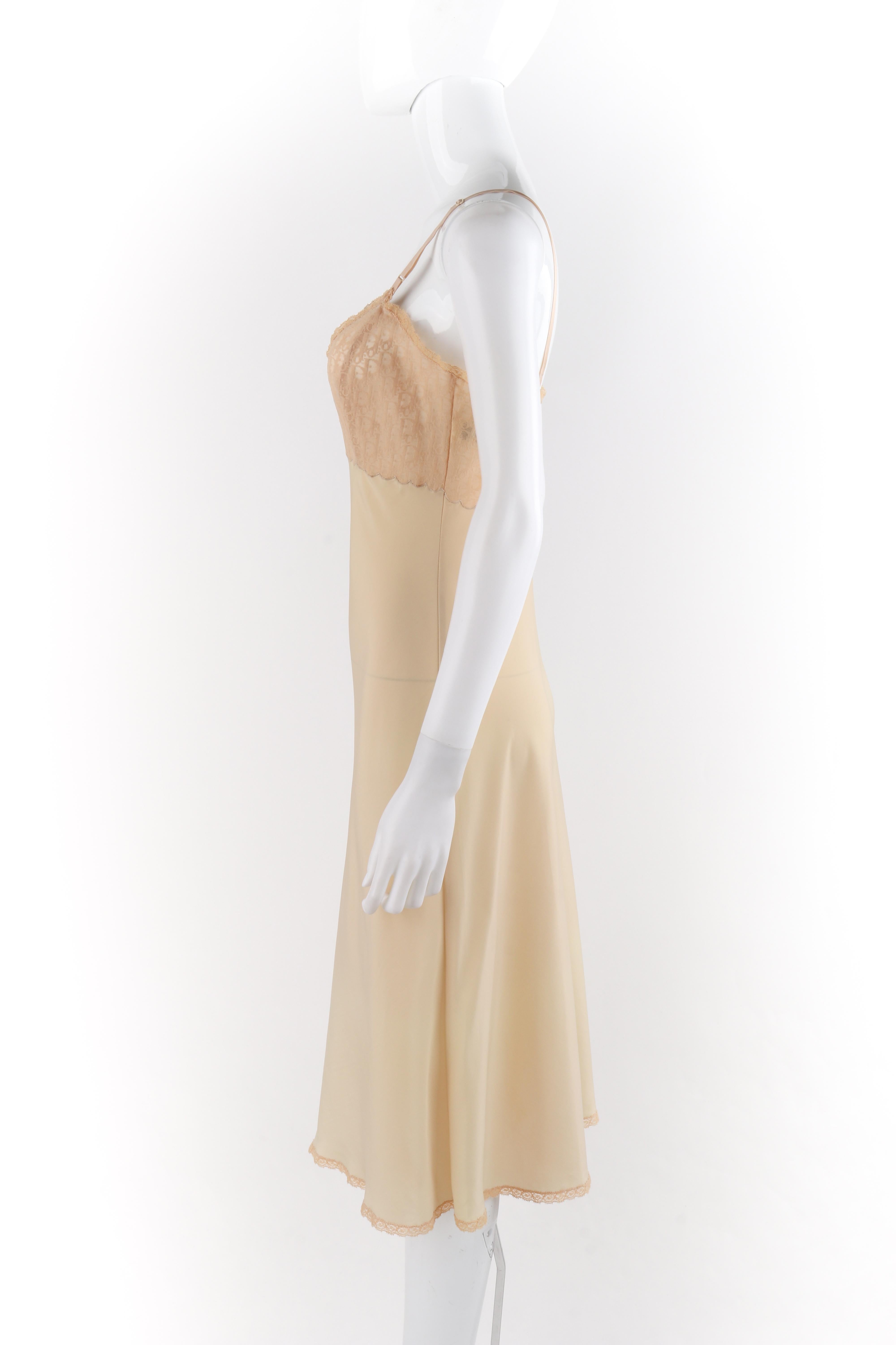 Beige CHRISTIAN DIOR c.1970’s Nude Semi Sheer Signature Print Mesh Lace Slip Dress