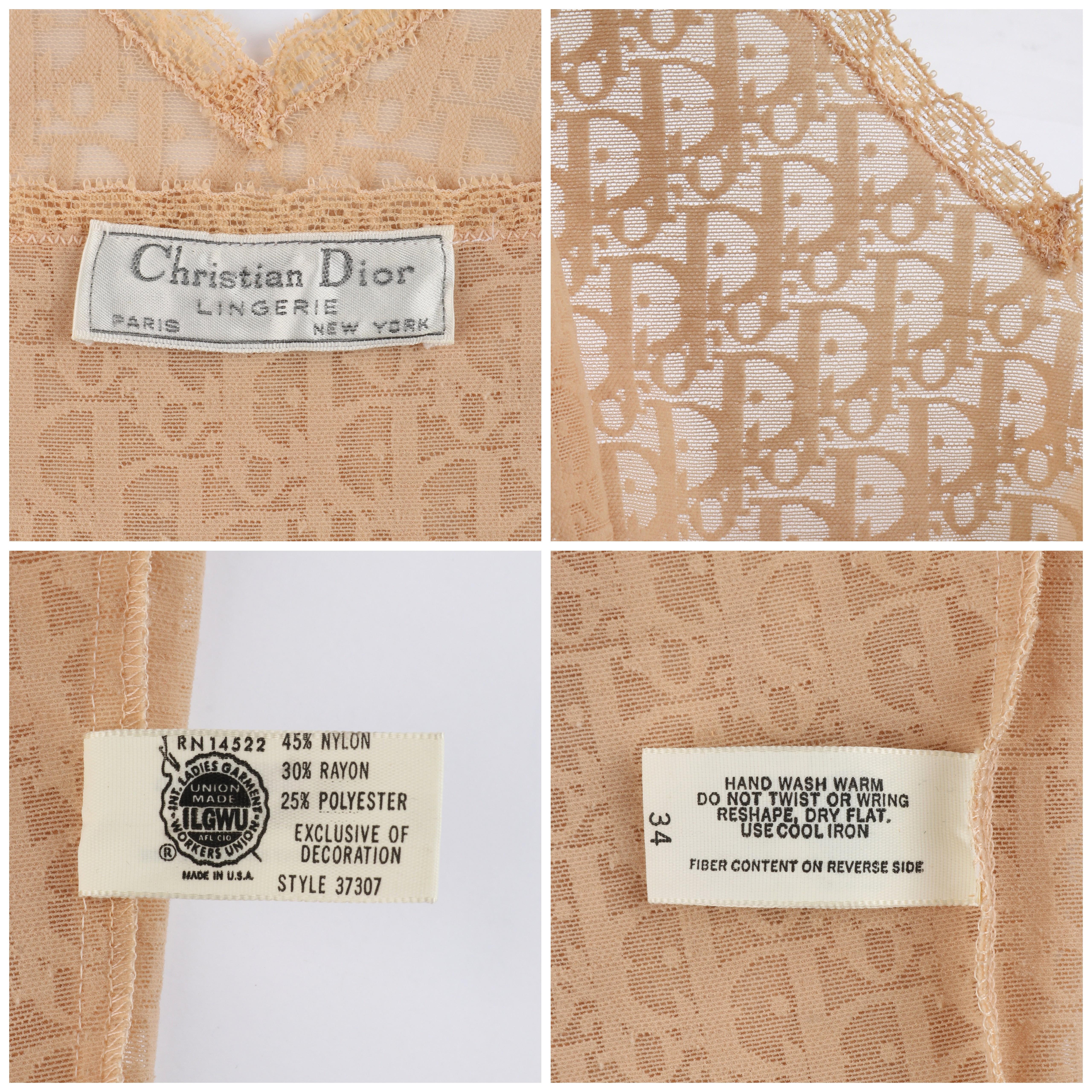 CHRISTIAN DIOR c.1970’s Nude Semi Sheer Signature Print Mesh Lace Slip Dress In Good Condition In Thiensville, WI