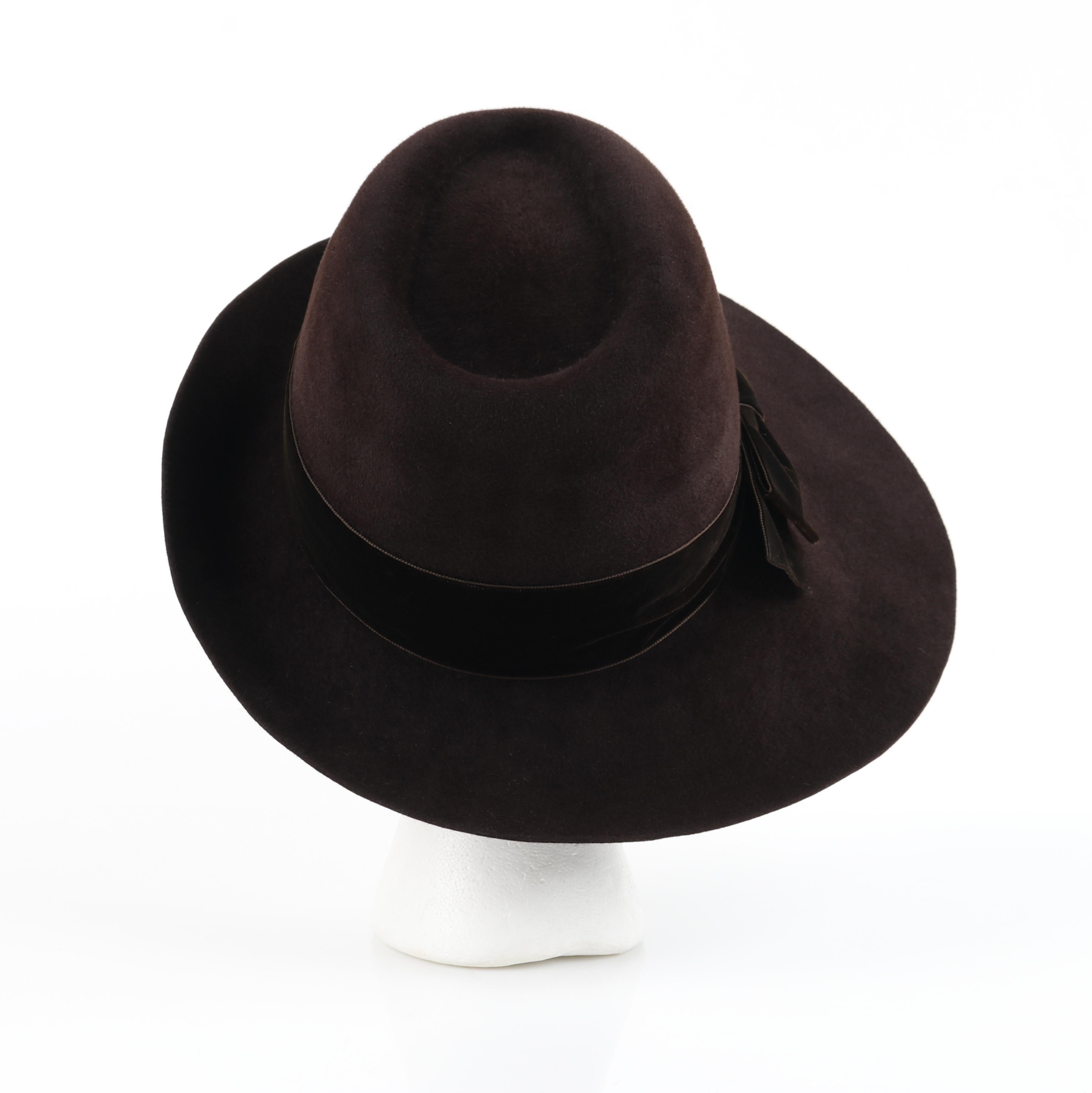 Women's CHRISTIAN DIOR c.2011 Chocolate Brown Felt Velvet Bow Wide Tilted Brim Fedora