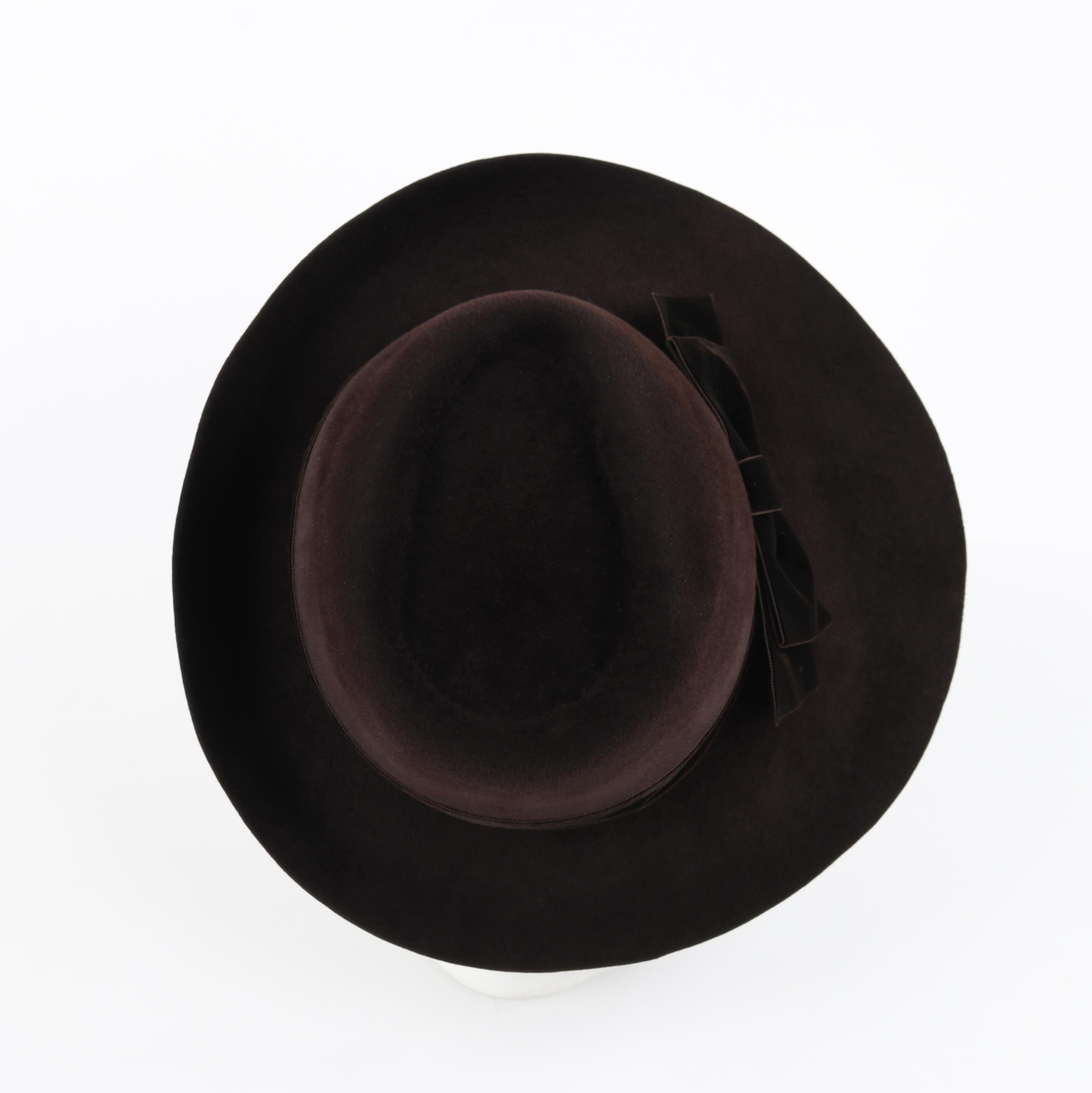 CHRISTIAN DIOR c.2011 Chocolate Brown Felt Velvet Bow Wide Tilted Brim Fedora 1