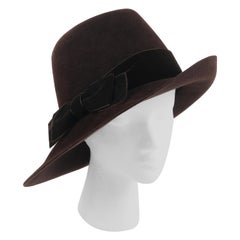 CHRISTIAN DIOR c.2011 Chocolate Brown Felt Velvet Bow Wide Tilted Brim Fedora