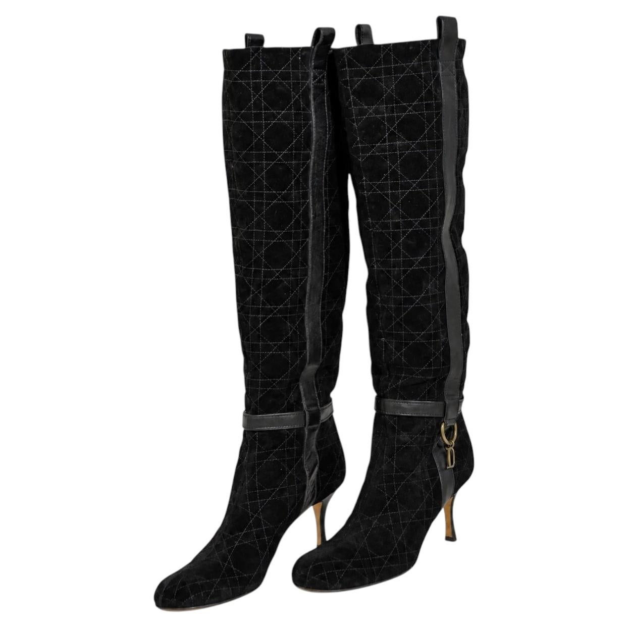 Christian Dior - Bottes à genoux en daim noir à motif de cannage - Taille EU 39