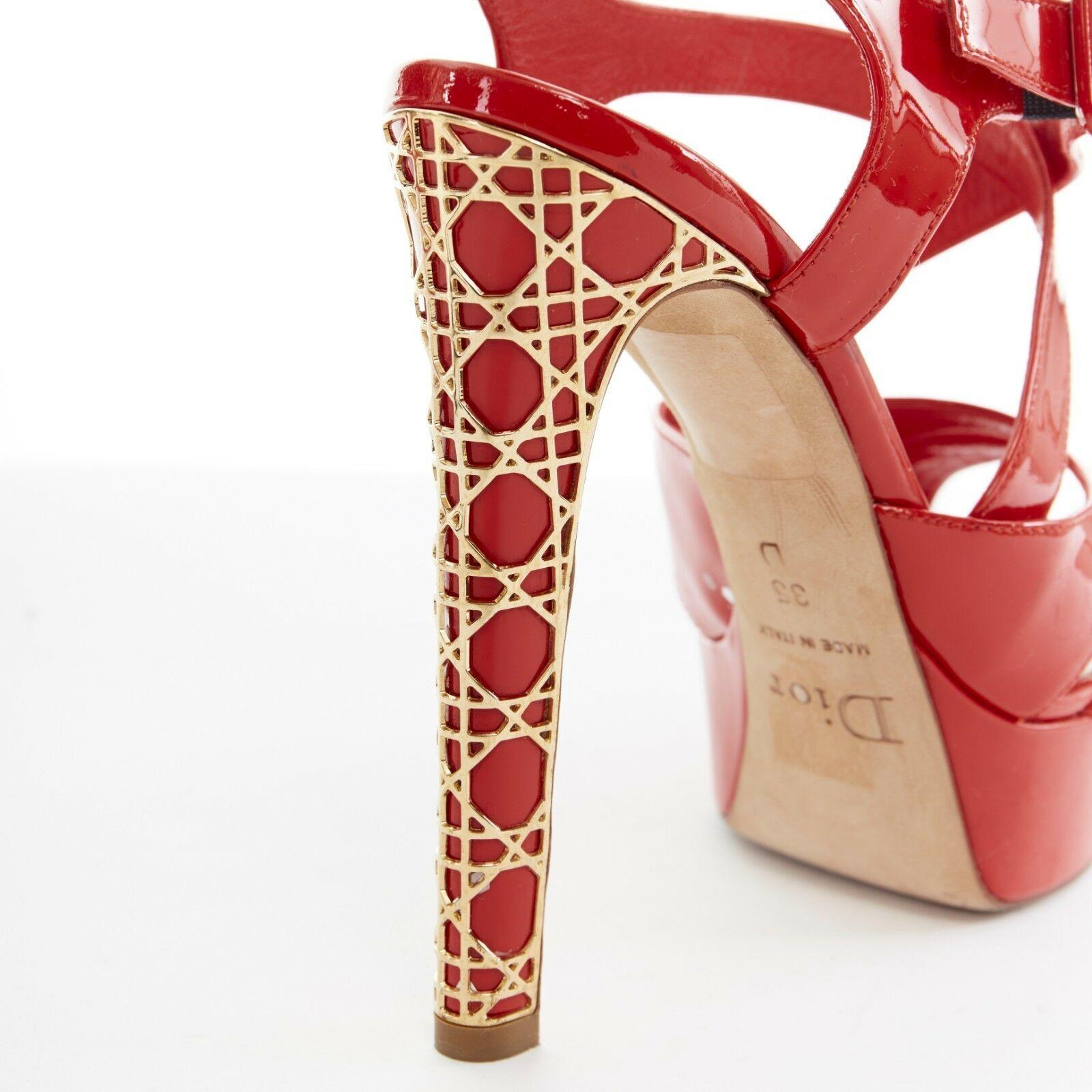 CHRISTIAN DIOR Cannage red patent strappy platform gold metal sandal heel EU35 2