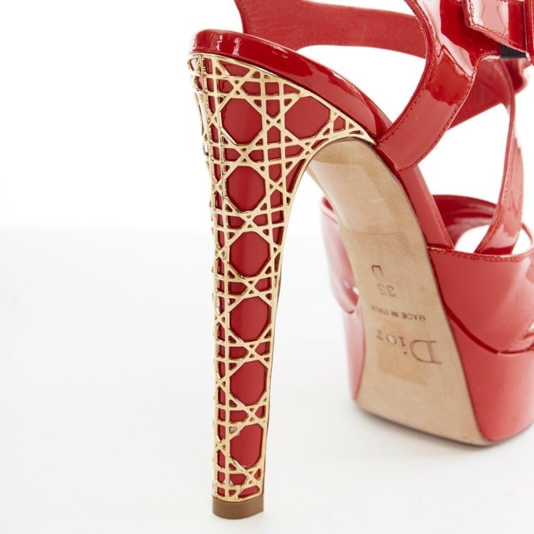 CHRISTIAN DIOR Cannage red patent strappy platform gold metal sandal ...