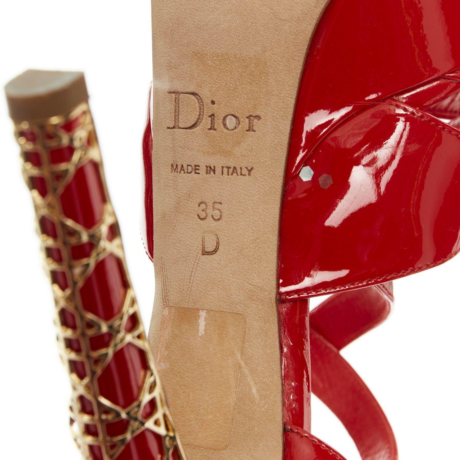 CHRISTIAN DIOR Cannage red patent strappy platform gold metal sandal heel EU35 4