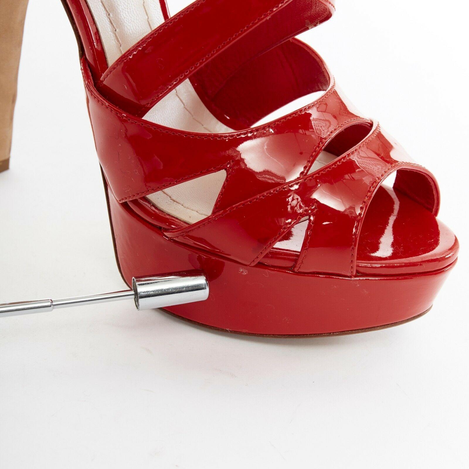 Women's CHRISTIAN DIOR Cannage red patent strappy platform gold metal sandal heel EU35