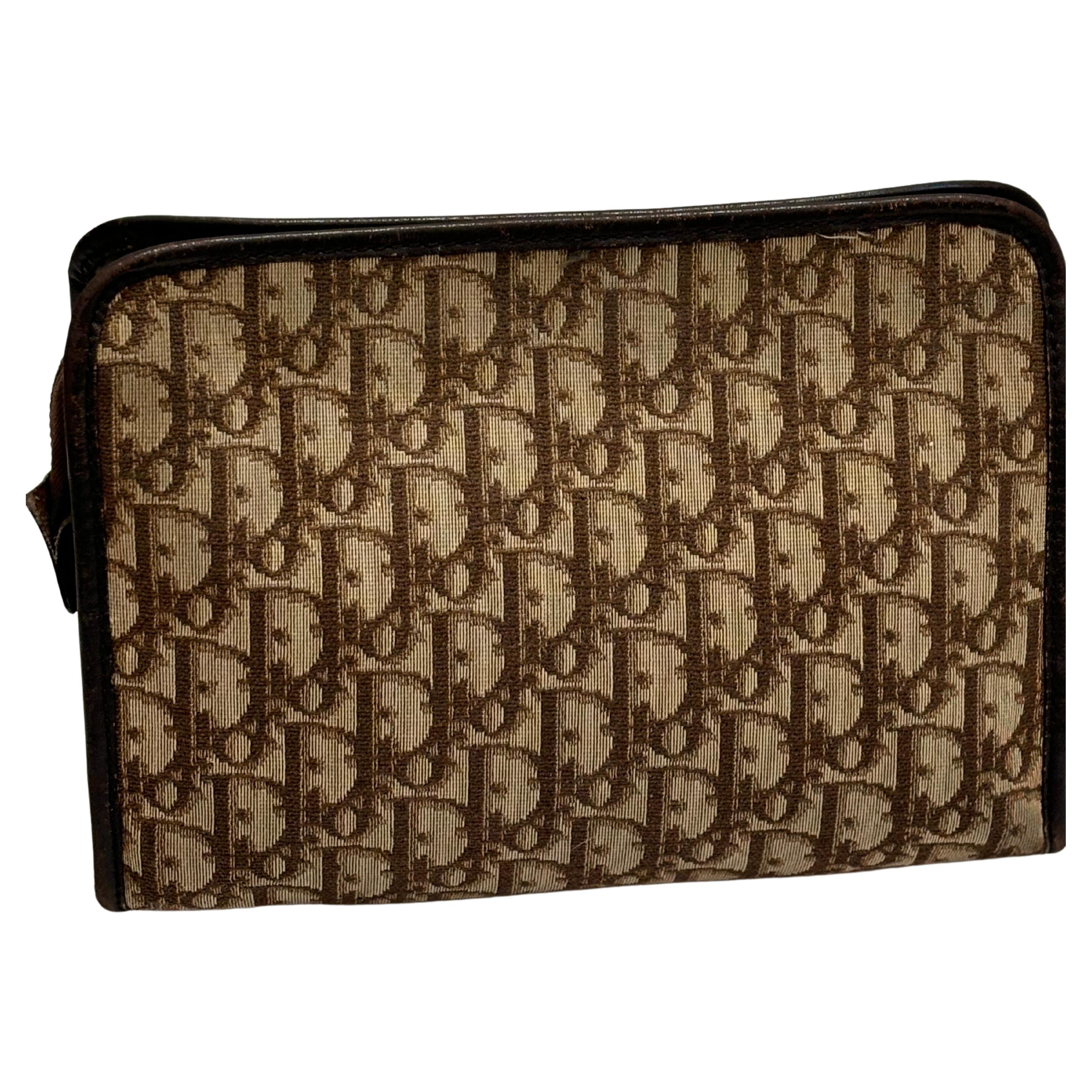 Christian Dior Canvas and Leather Clutch W Trotter Pattern in Brown Beige For Sale at 1stDibs