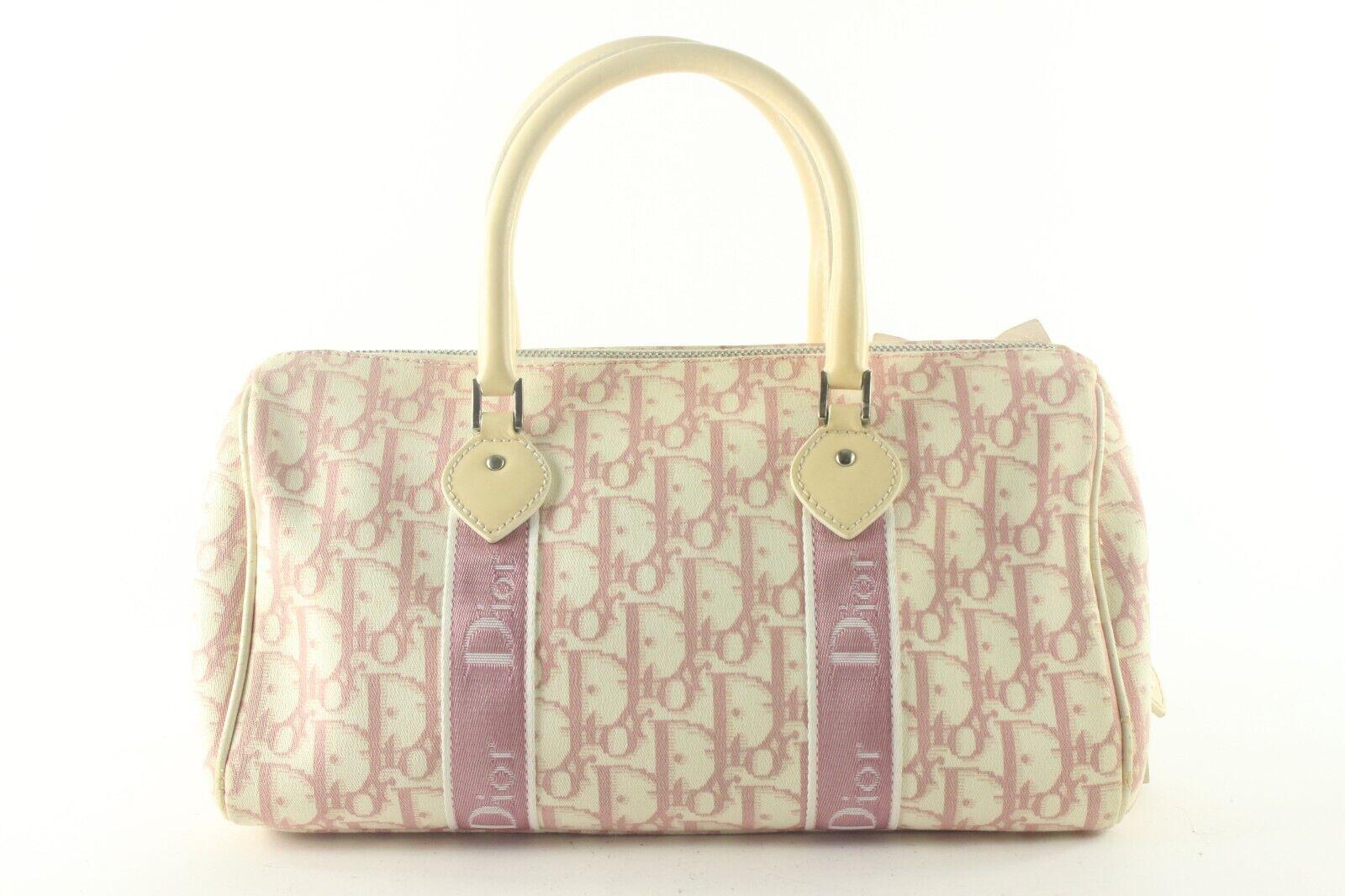 Beige Christian Dior Canvas Girly Chic Pink Trotter Boston Bag 1D83K