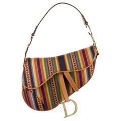 Christian Dior Canvas Multi Color Stripe Gold Logo Saddle Shoulder Handle Bag