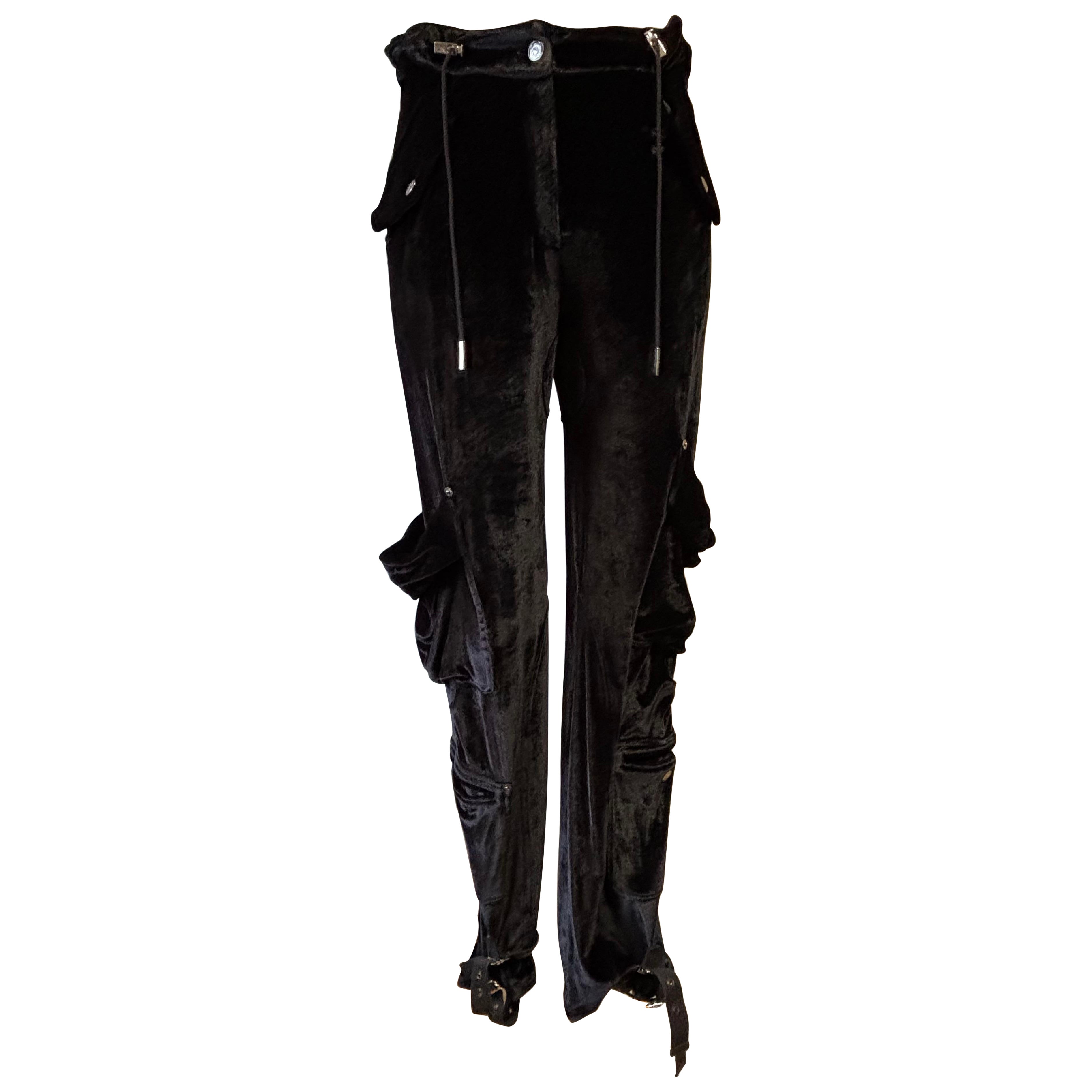Pre-owned Dior Christian  Women's Black Velvet Cargo Pants With Ankle Buckles