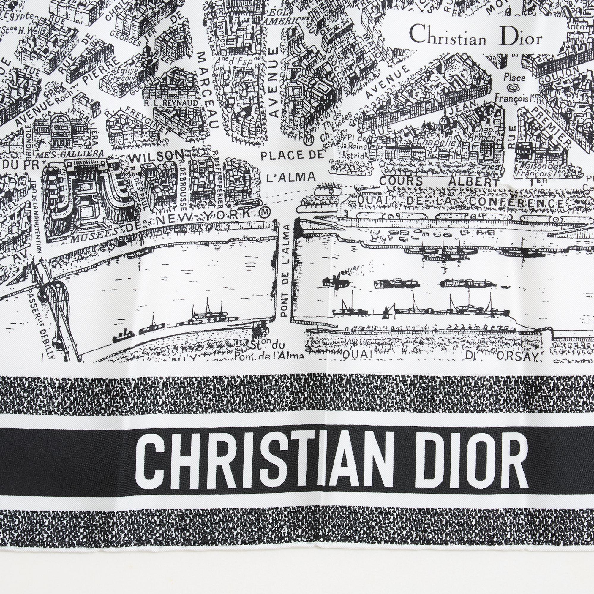 Grigio Christian Dior Carre Plan de Paris Soie Iconic White Navy Silk Twill Sciarpa NIB in vendita