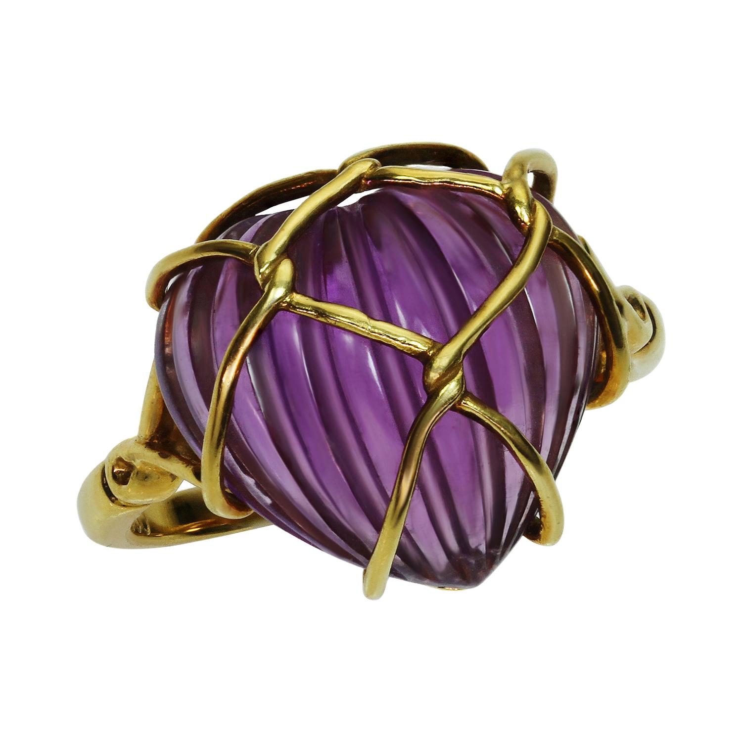 Christian Dior Carved Amethyst Heart Yellow Gold Ring