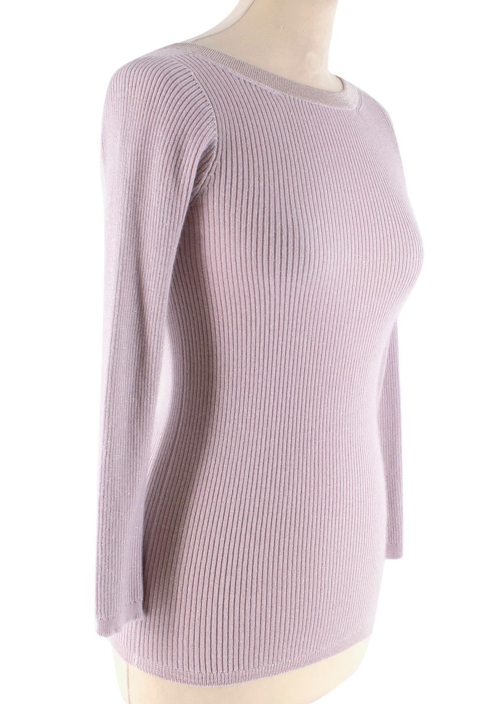 Christian Dior Cashmere & Silk Pink Lurex Knit Top

- Warm blend of cashmere & silk perfect for layering under a winter coat
- Light pink/lilac colour with blended silver sparkly weave
- Low cut back 
- Stretchy & ribbed knit
- Long sleeves
- Wide