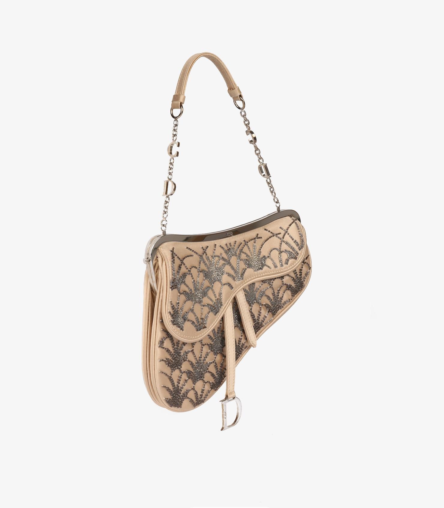 Christian Dior Champagne Gold Embellished Silk Vintage Mini Saddle Bag In Excellent Condition In Bishop's Stortford, Hertfordshire