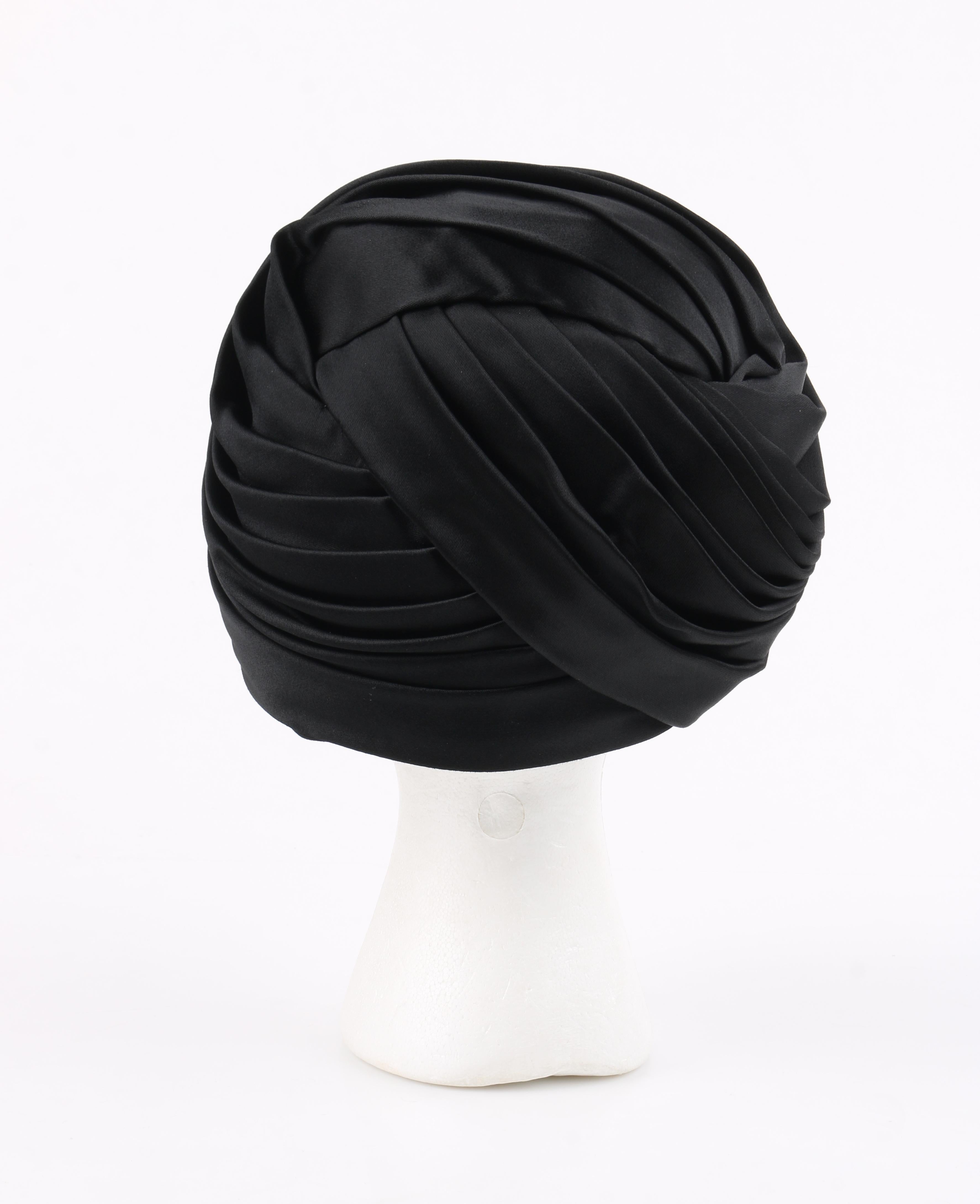 CHRISTIAN DIOR Chapeaux c.1960’s Black Silk Satin Pleated Pillbox Turban Hat In Excellent Condition In Thiensville, WI