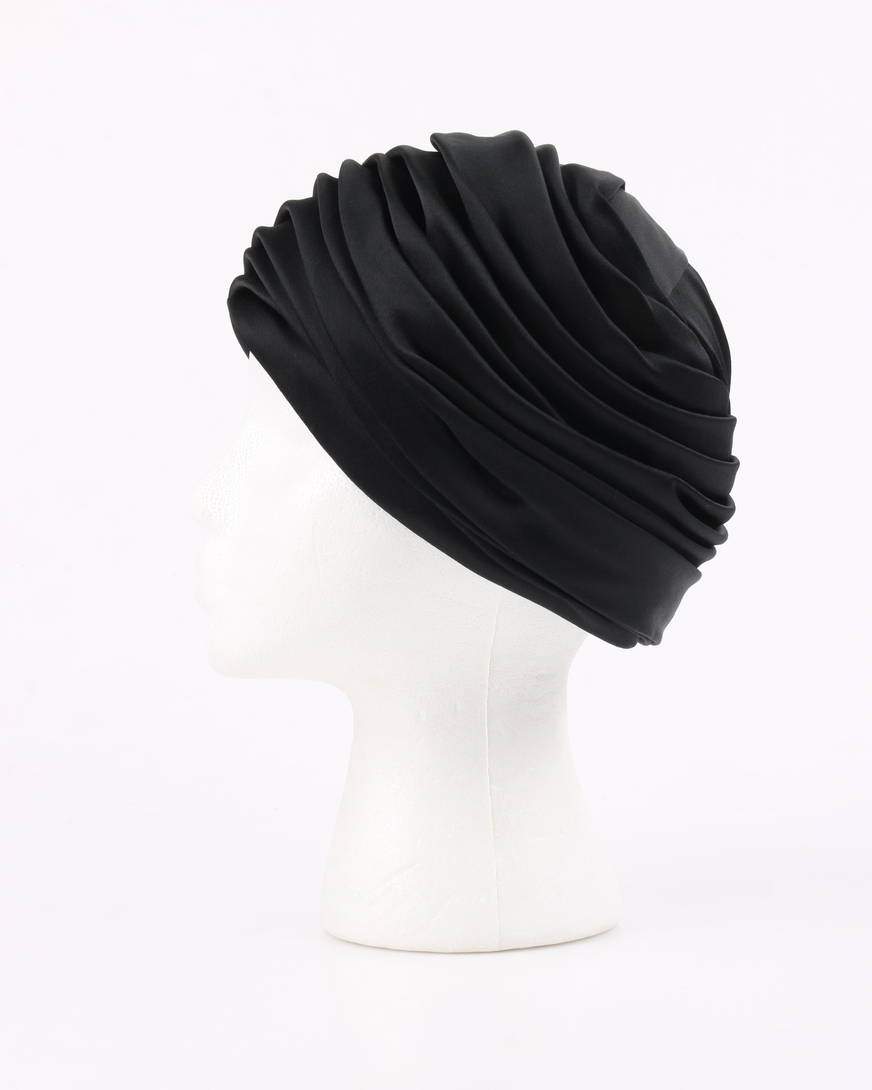 Women's CHRISTIAN DIOR Chapeaux c.1960’s Black Silk Satin Pleated Pillbox Turban Hat