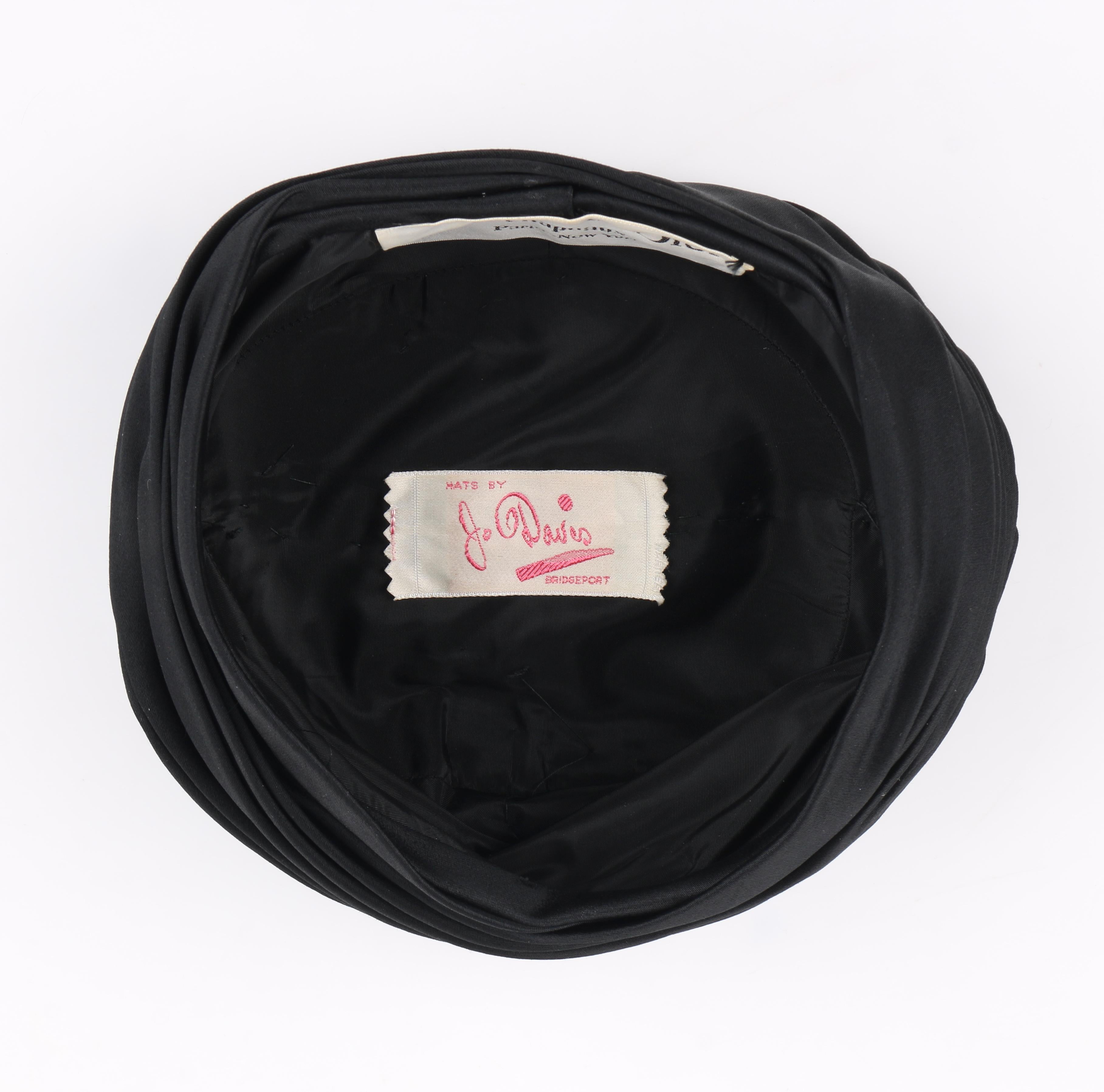 CHRISTIAN DIOR Chapeaux c.1960’s Black Silk Satin Pleated Pillbox Turban Hat 2
