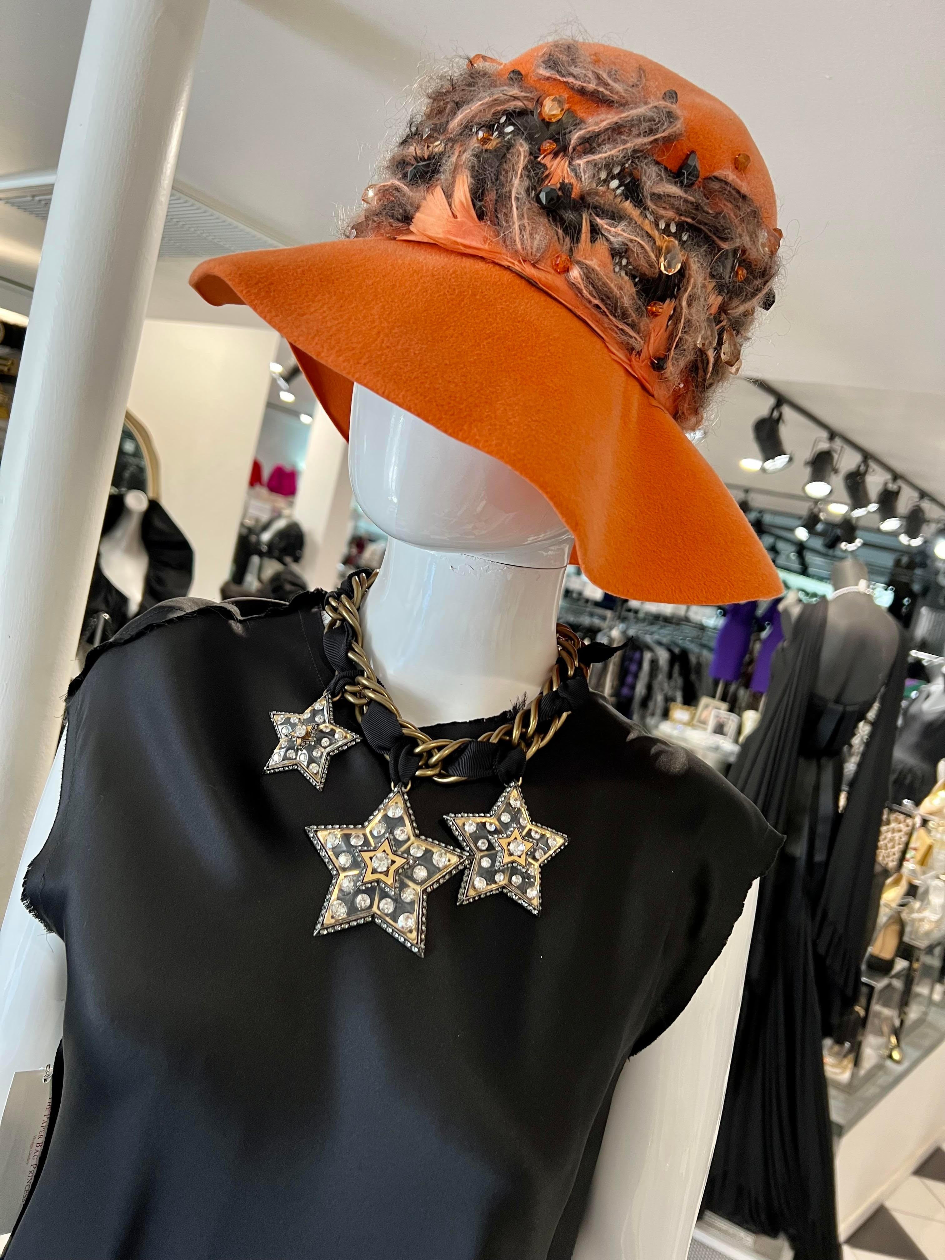 Christian Dior Chapeaux Orange Floppy Hat w/ Feathers, Yarn, & Beads For Sale 1